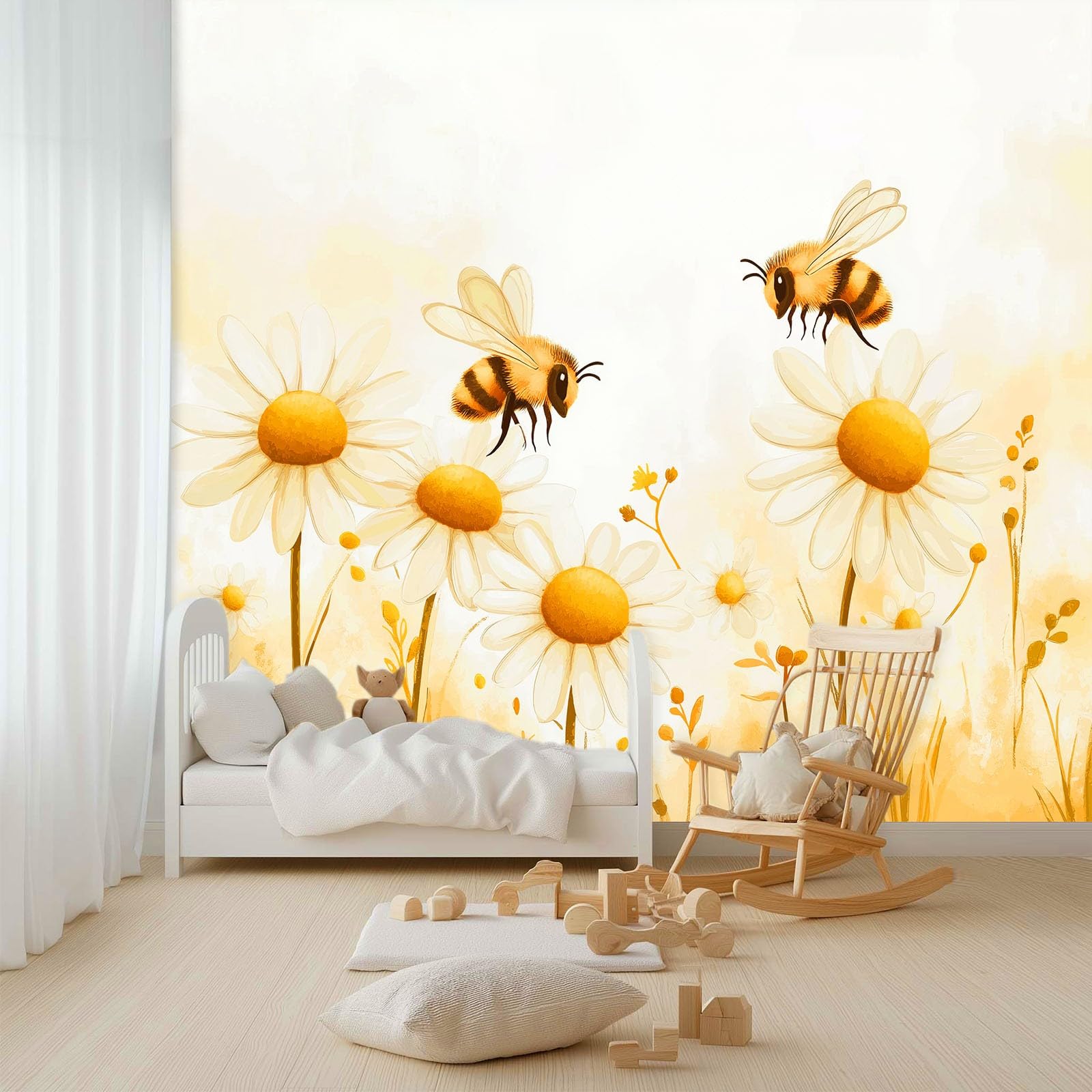 Jasnożółta tapeta ścienna mural owad kreskówka pszczoła stokrotki, wysokiej jakości tapeta z włókniny mural do sypialni, salonu, dekoracja ścienna, 300 x 210 cm, druk artystyczny, papier fotograficzny