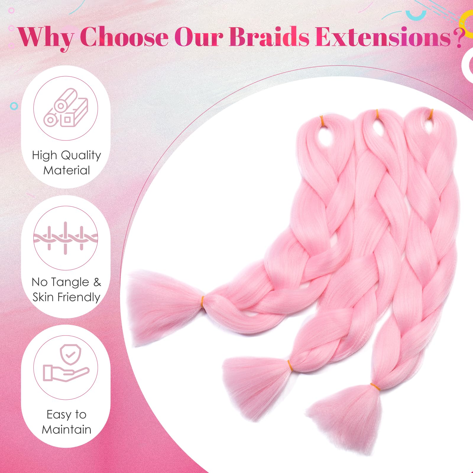 Benehair Braiding Hair Long Braids Extensions Hair 24 Inches Colorful Synthetic Hair for Braid Human Braiding Hair Pink Hair Extensions for Women(Pink - Image 4
