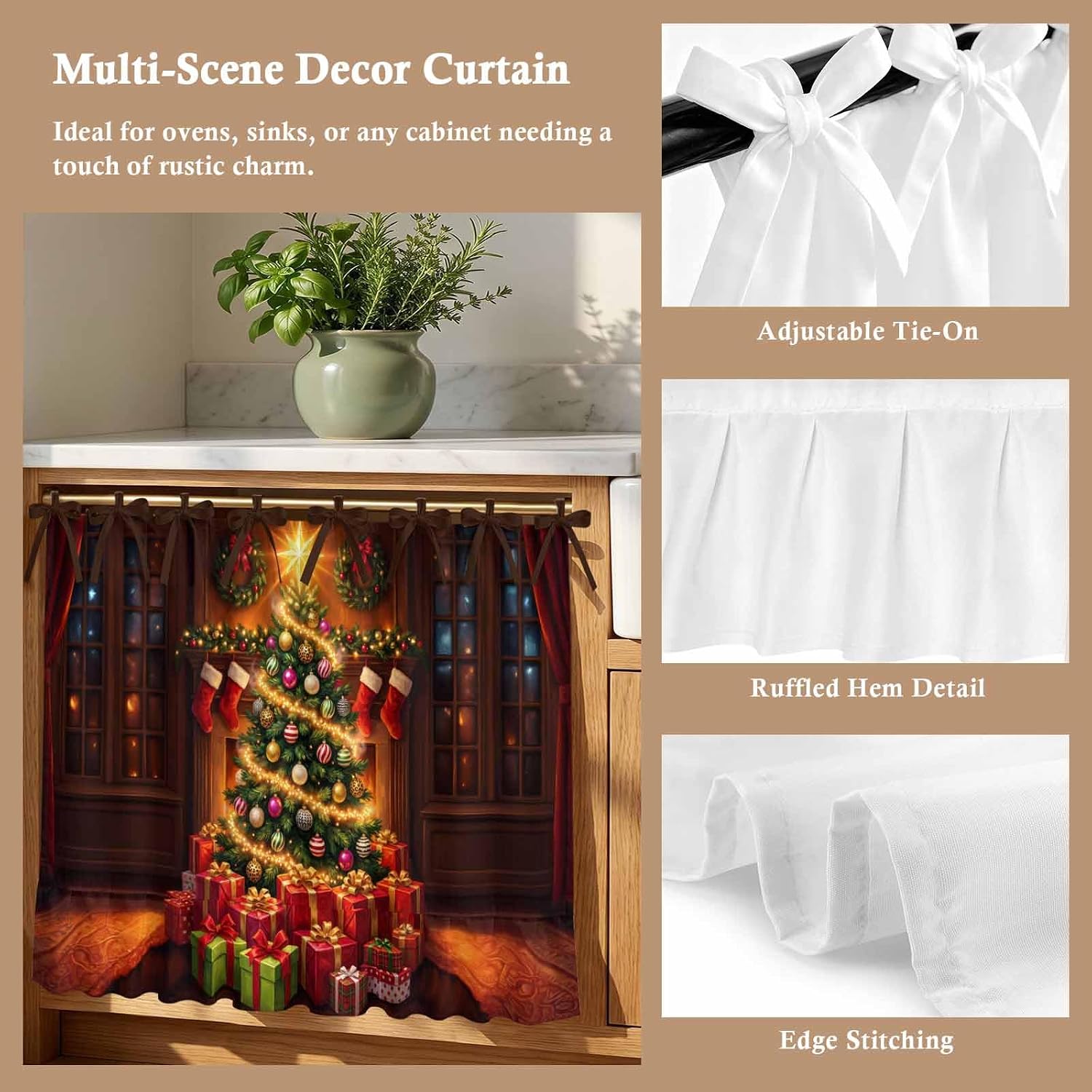Cozy Christmas Oven Curtain with Tie Top, Classic Xmas Tree Fireplace Stocking Gift Boxes Oven Skirt Curtains with Tie Top Cabinet Cover Curtain for Small Kitchen Apartment Decor 27 x 20 Inches image 2