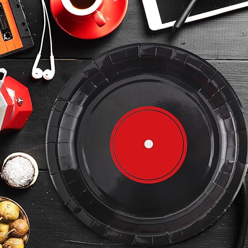 Miniatura 5 de Paquete de 100 platos de papel de registro de los años 50, platos decorativos de 9 pulgadas de regreso a los años 50, vajilla desechable para