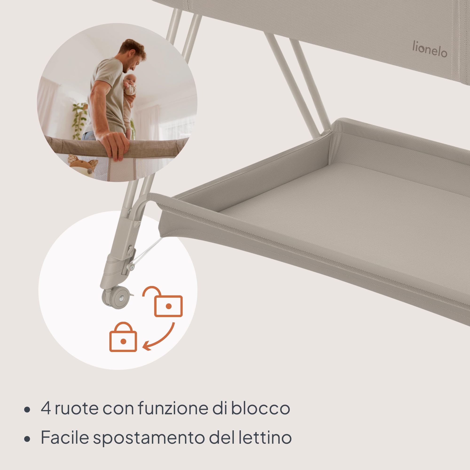 lionelo LUNA lettino portatile con materasso, co-sleeping, da neonato a 9kg, altezza e inclinazione regolabili, 4 ruote con blocco, fissaggio al letto dei genitori, arioso lettino da affiancare