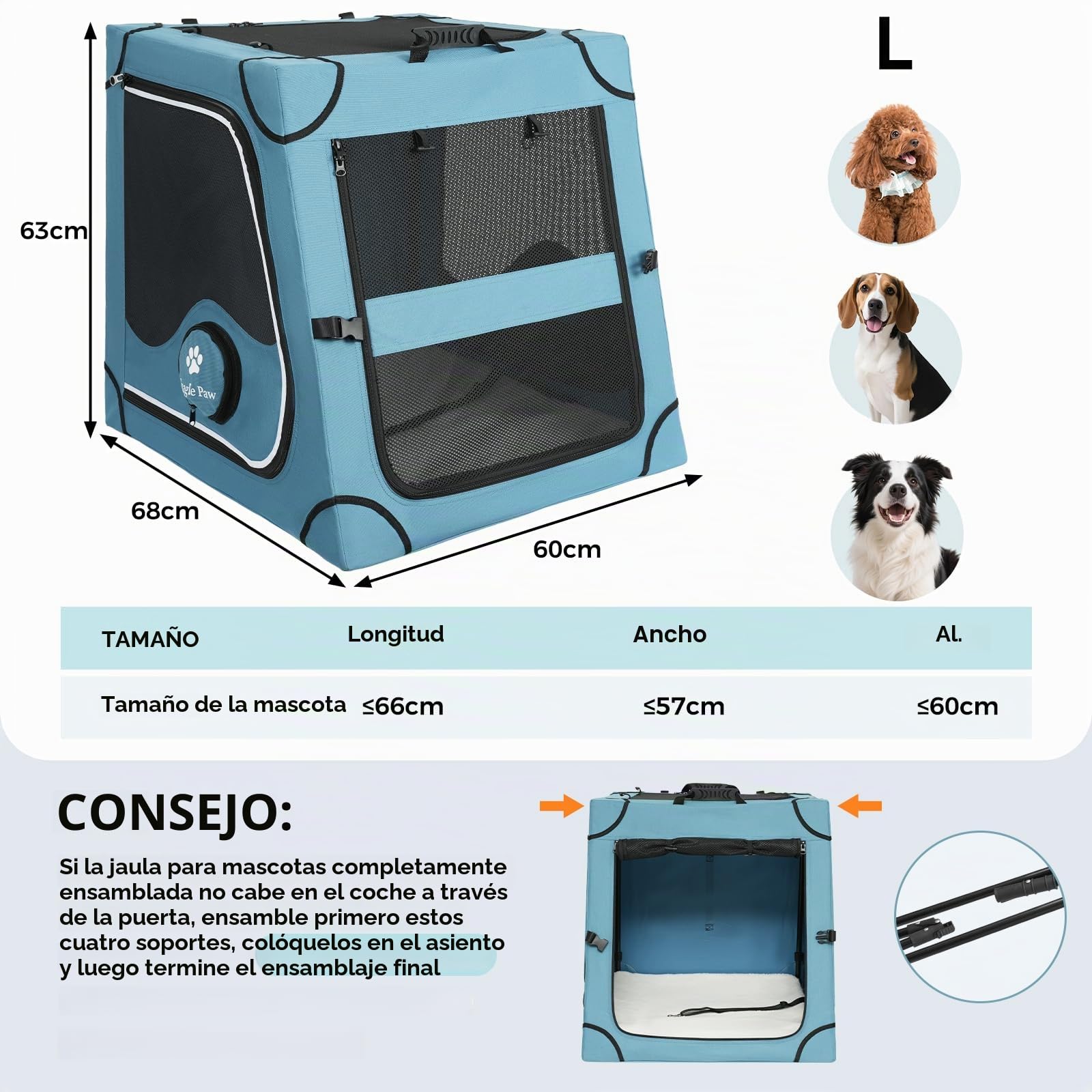 Snagle Paw Jaula portátil para perros para viajes en coche, armazón de metal para mascotas, transportín para mascotas para asiento trasero de coche, se asegura con correa para reposacabezas y cinturón