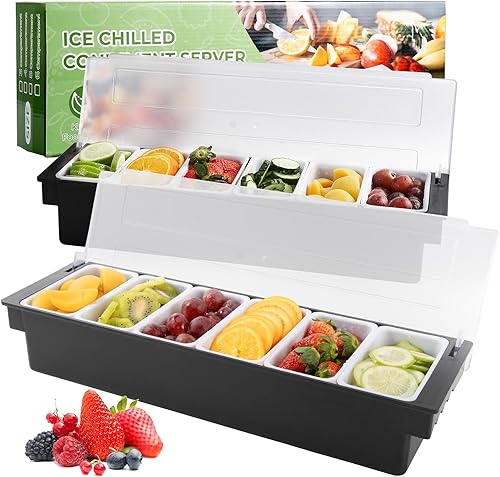 WICHEMI Bandeja dispensadora de frutas, verduras y condimentos con tapa, estación de decoración para barmanes y servir tacos, helados, barra de