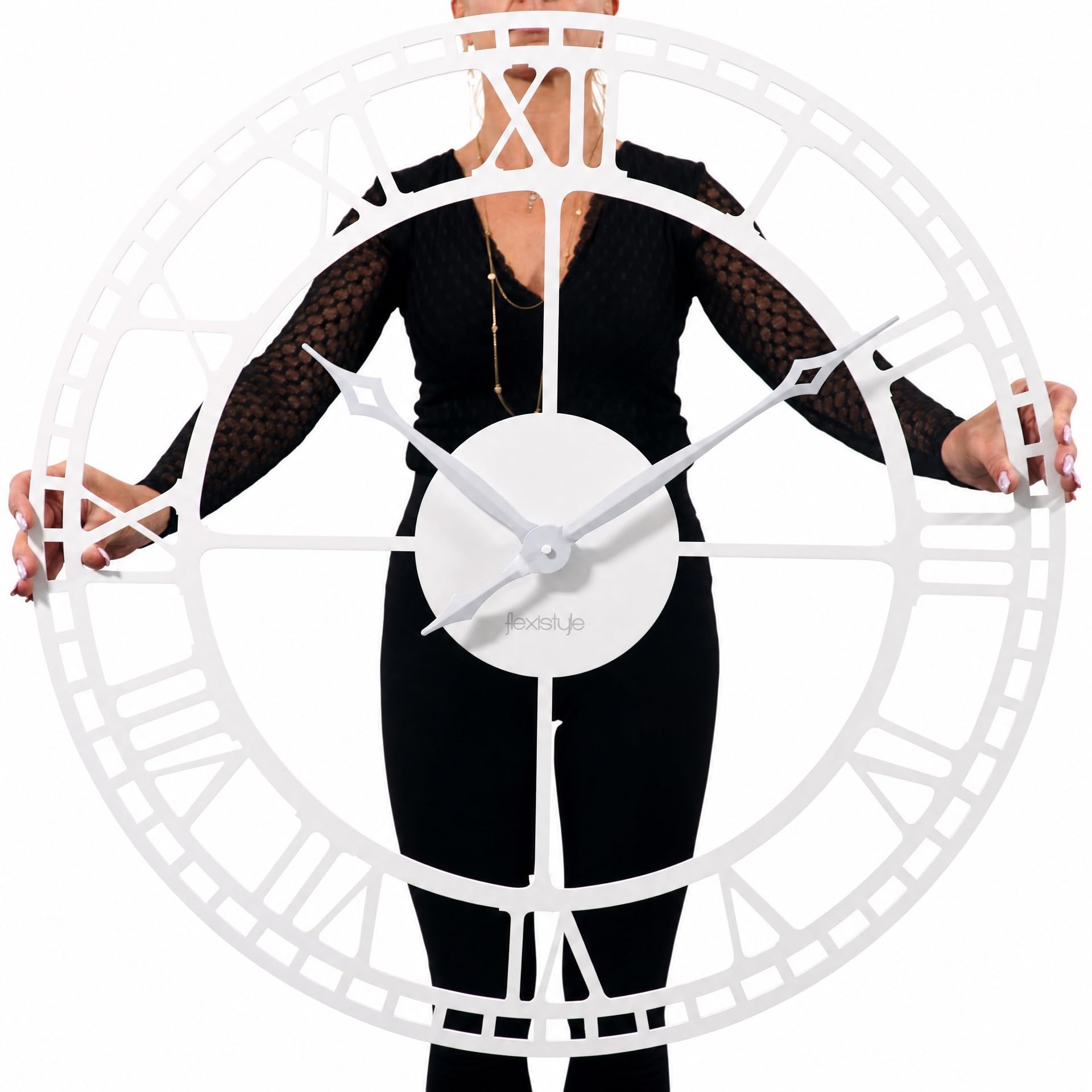 FLEXISTYLE Reloj de Pared Grande Vintage Retro XXL 80 cm diámetro Metal Industrial Negro Blanco Dorado (Blanco)