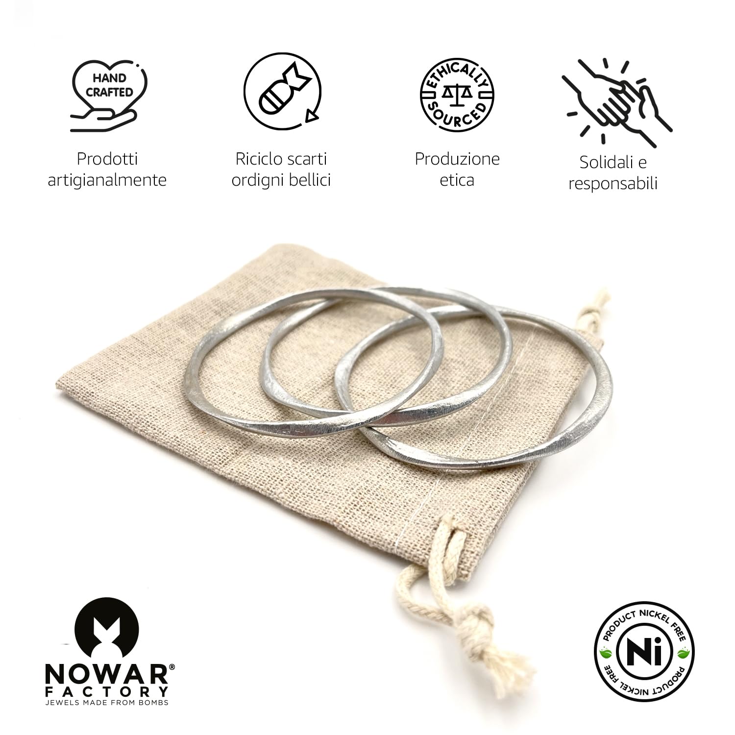 NOWAR FACTORY Box 3 Bracciali Rotondi Chiusi Martellati a Mano, Nichel Free e Anallergici, per un Look Elegante Etico e Sostenibile, Unici e irregolari in Scatola Regalo, Diametro Interno 6,35 cm