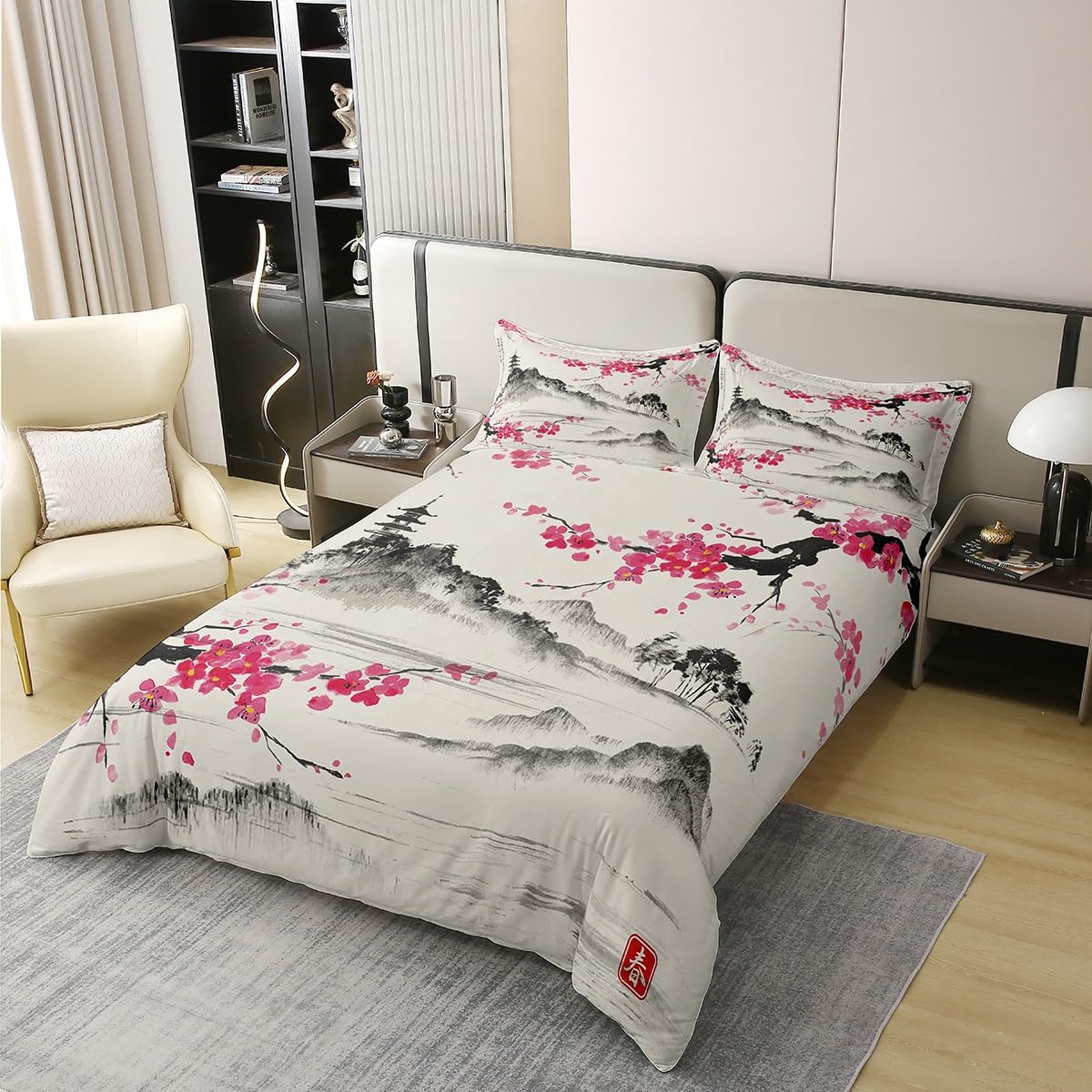 Loussiesd Japanischer Stil 100% Baumwolle Bettwäsche Set,Japanische Ukiyoe Bettwäsche-Set Zimmer Dekor,Weich Sakura Blume Traditionelles Retro Thema Rosa Dekorative Bettwäsche 135x200cm