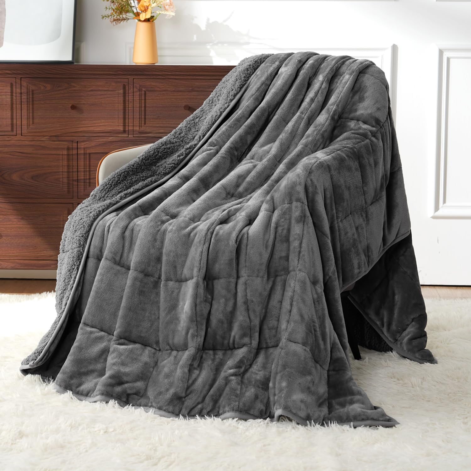 Uttermara Weighted Blankets for Adults Queen Size, 15lbs 60x80 inches Blanket with Soft Warm Plush Sherpa Fleece, Washable Thick Heavy Throw for Sleep, Anxiety and Calming, Grey OEKO-TEX STANDARD 100