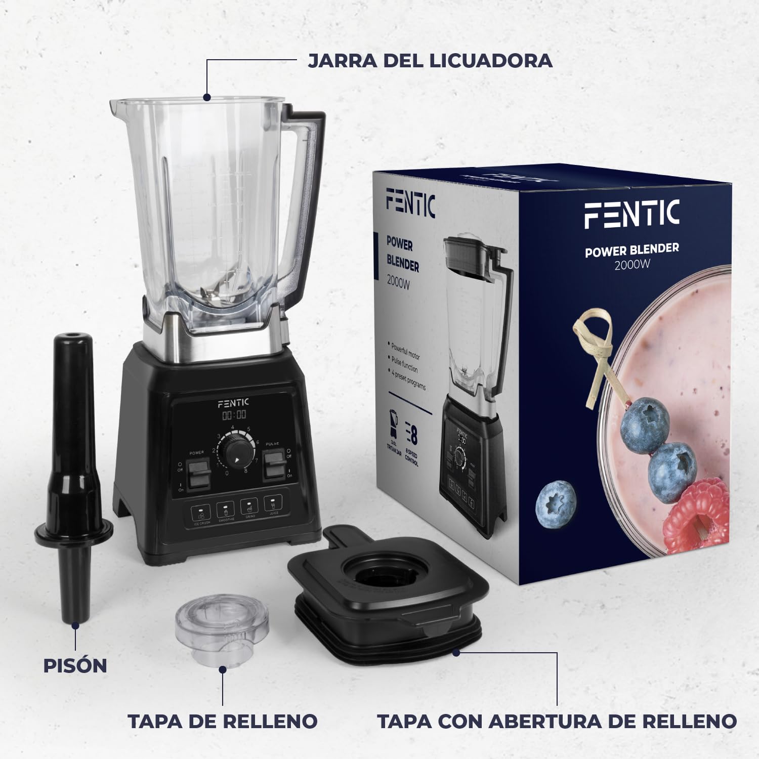 Batidora de Vaso – 2000W - Batidora Potente - 2 Liter - Licuadora para Batidos con 8 Velocidades y 4 Programas – Blender con Trituradora de Hielo