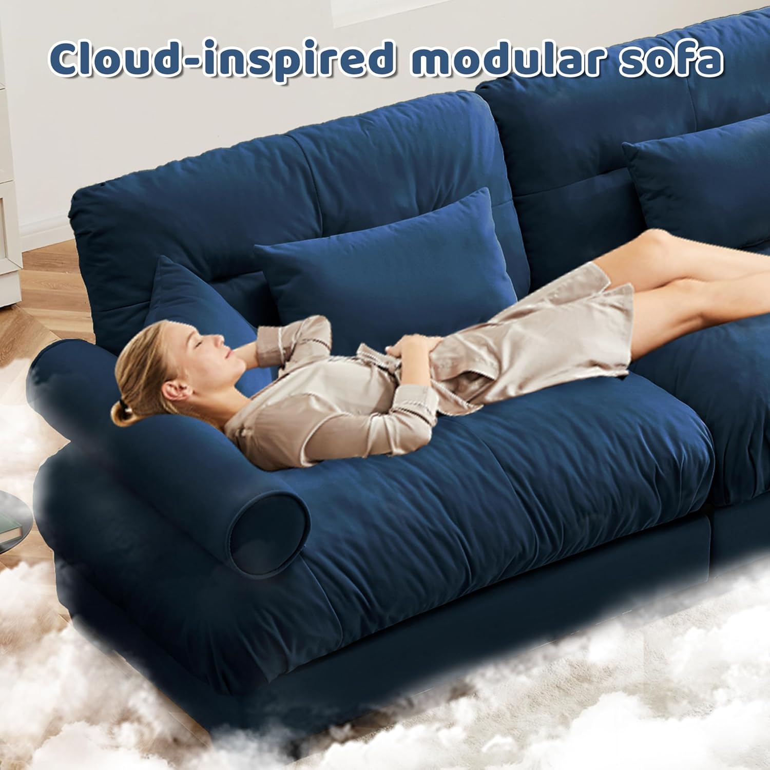 Modular Sectional Sofa 2 Seater Cloud Couch, Modern Loveseat Sectional Couches for Living Room, Deep Seat Recliner Sofa Velvet Comfy Couch for Bedroom, Oversized Couches with 4 Pillows, Blue