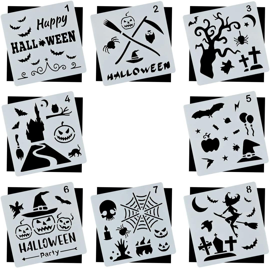 Halloween DIY Decorative Stencils Set of 8 Pack for Painting on Wood, Craft Cards Making, Human Body Painting, Home Decor