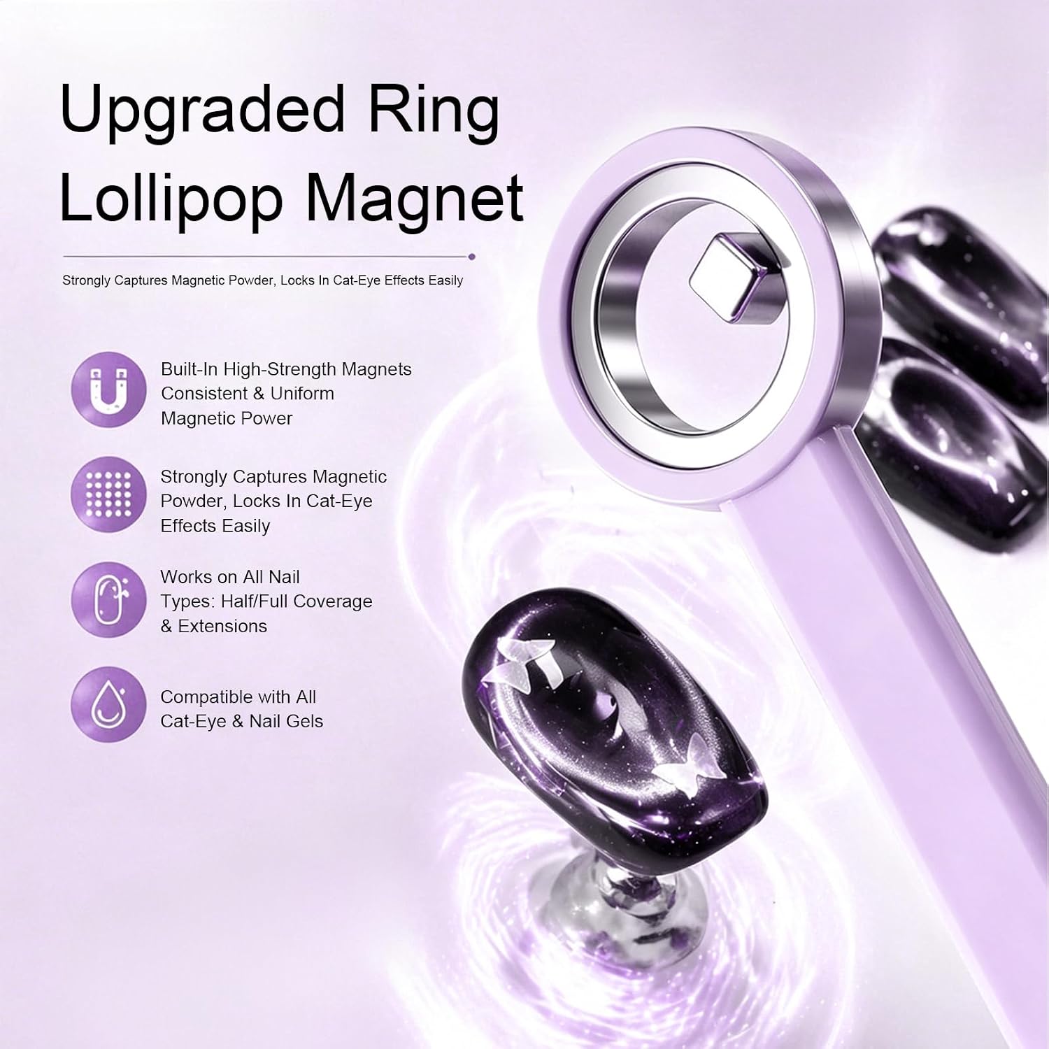 2pcs Cat Eye Magnet for Nails, Purple Silicone Protective Ring + Cube Magnet for Ring Hole Cat Eye Effect, Nail Magnet for Cat Eye Gel Polish