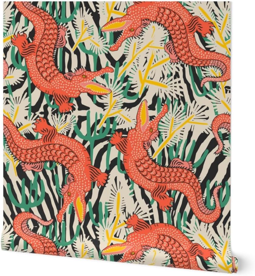 Spoonflower Peel & Stick Wallpaper 3ft x 2ft - Tropical Maximalist Coral Green Crocodile Alligator Bright Boho Vivid Bold Custom Removable Wallpaper