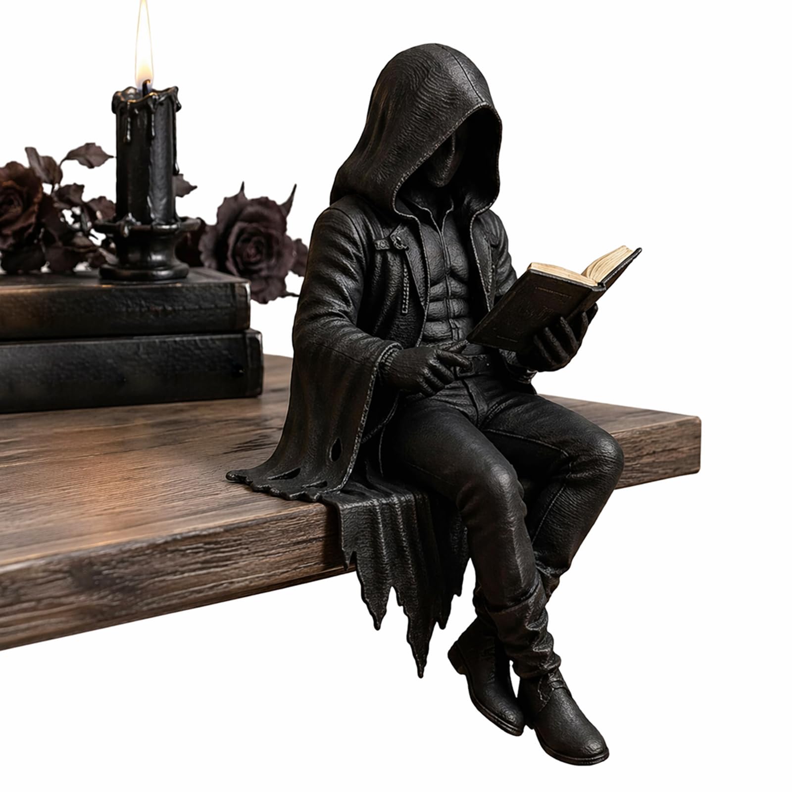 Gothic Reading Statue Set - Grim Reaper Skeleton & Winged Hooded Figurines, Black Robe Sitting Sculptures for Bookshelf, Desktop, Halloween Room Decor, Resin Collectible Gifts