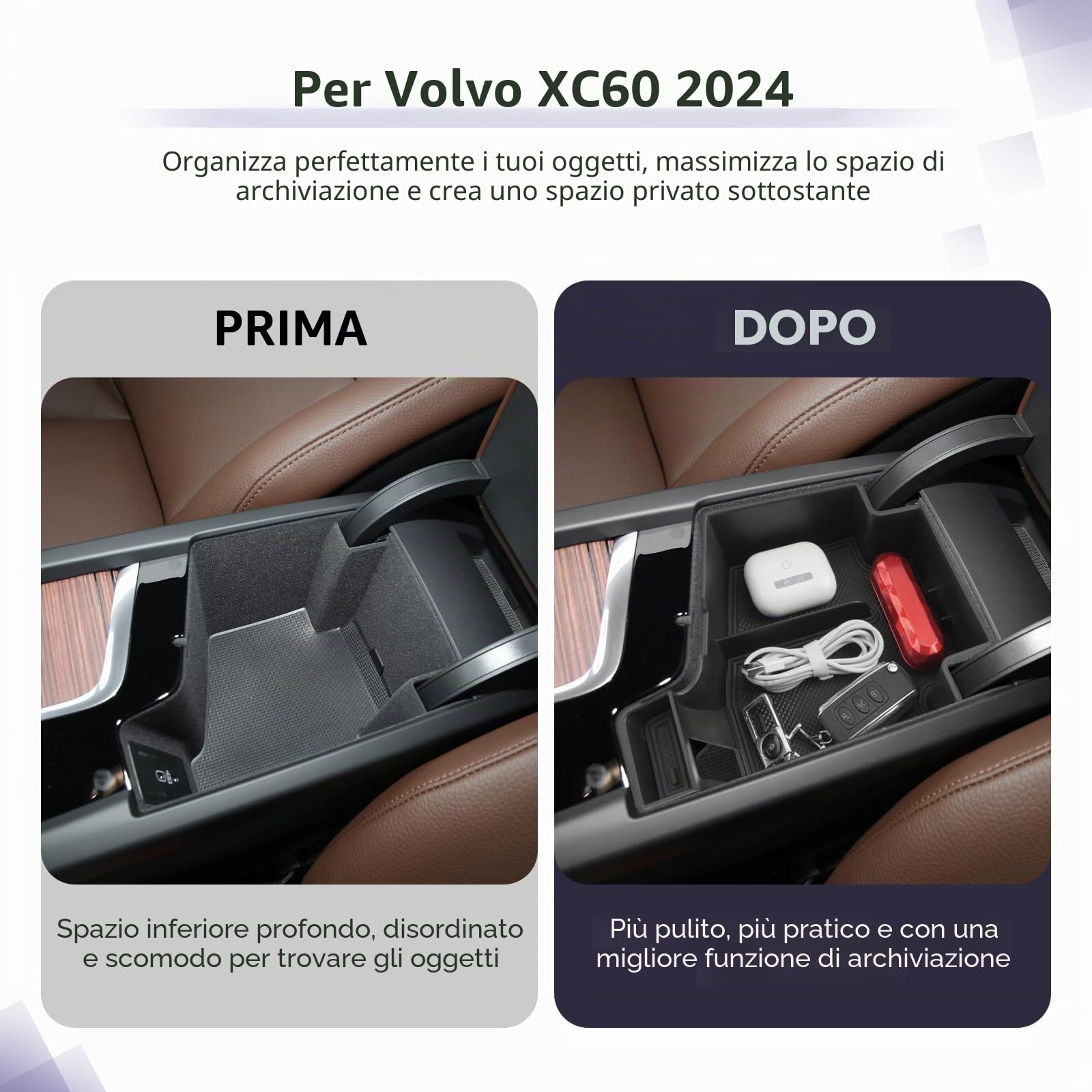 LUWU Compatibile con Volvo XC60 XC90 V60 S60 V90 S90 2018-2025 2026 Console Centrale Portaoggetti Bracciolo Organizer Vassoio Portaoggetti XC60 XC90 V60 S60 V90 S90 Accessori
