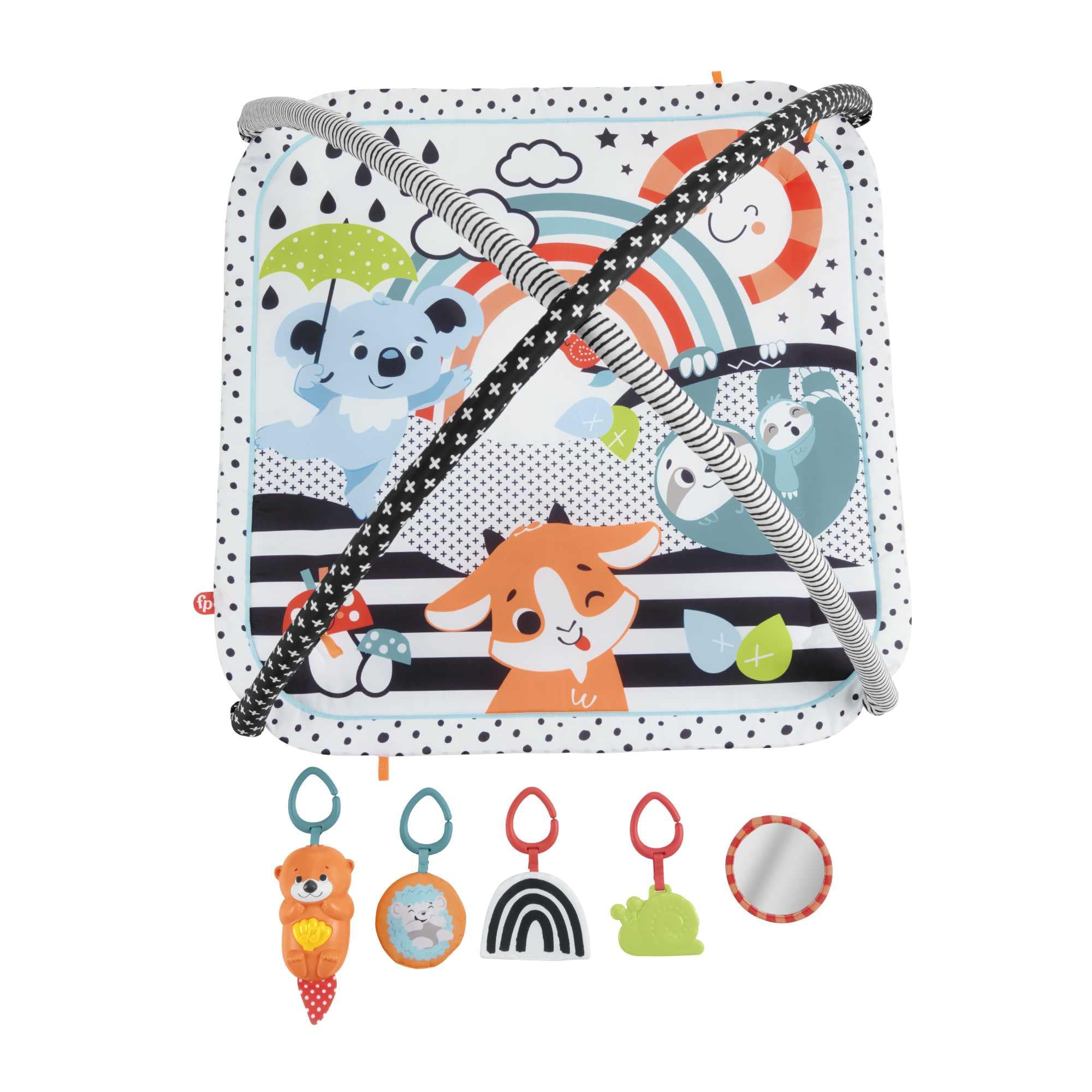 Fisher-Price Alfombra Gimnasio 3 en 1, Estampado animalitos Divertidos, Manta para bebé recién Nacido con Accesorios (Mattel HBP41)
