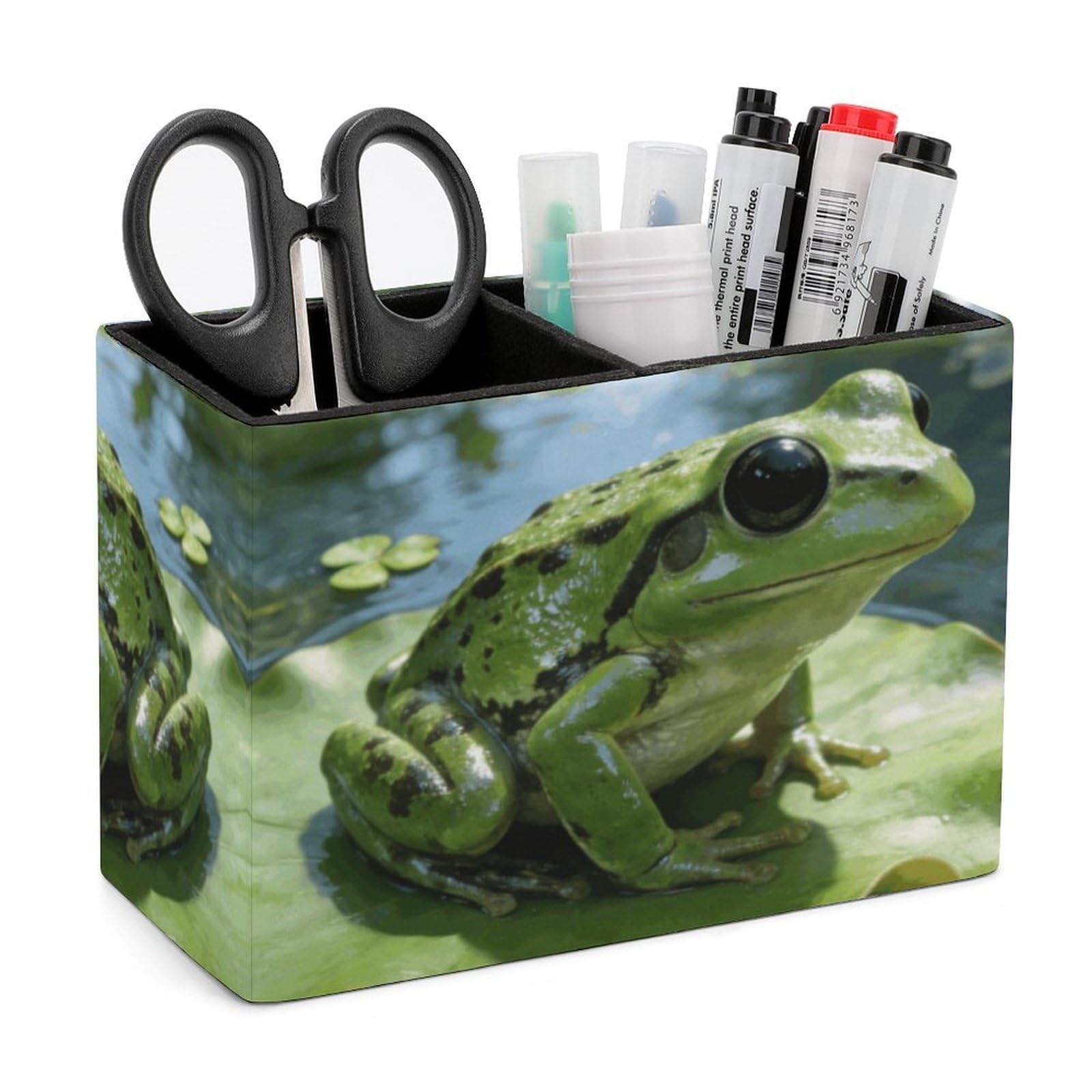 LZQPOEAS Exquisite Patterns PU Leather Pen Holder, Multifunctional Desktop Organizer Caddy with 2 Compartments, Frog Pencil Cup Makeup Brush Holder for Office Home