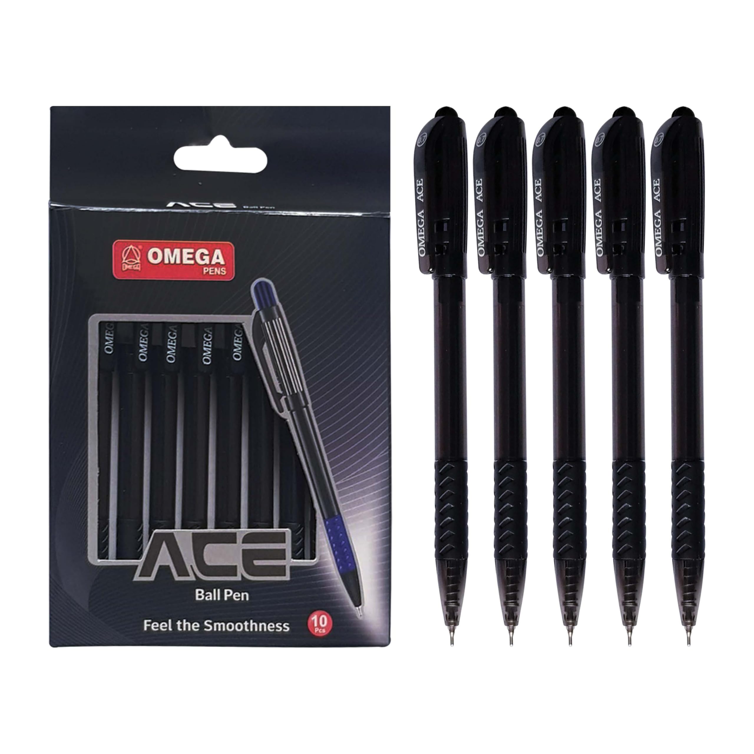 Ace Retractable Ballpoint Pens, BLACK, Fine Point (0.7 mm), Pack of 10, Smooth Ball Pens, Click Mechanism, School Office Home Everyday Use
