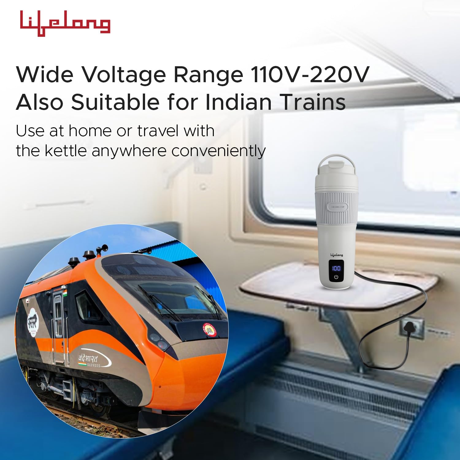 Lifelong 2 in1 Portable Electric Kettle & Bottle for Travel 400ml |Wide Voltage-for Homes(220v) & Indian Trains(110v)| Quick Boil |4 Temp |Digital Touch Ctrl |Cool Touch |Make Tea/Coffee Without Milk 2