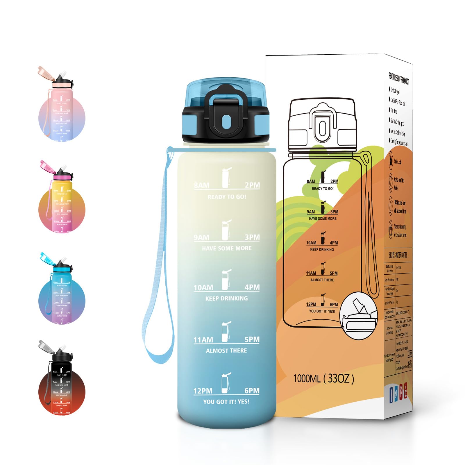 JAPORIA 1L Motivational Water Bottle with Straw, Time Markers, BPA Free, Leak Proof, Reusable Bottle for Fitness, Students and Office