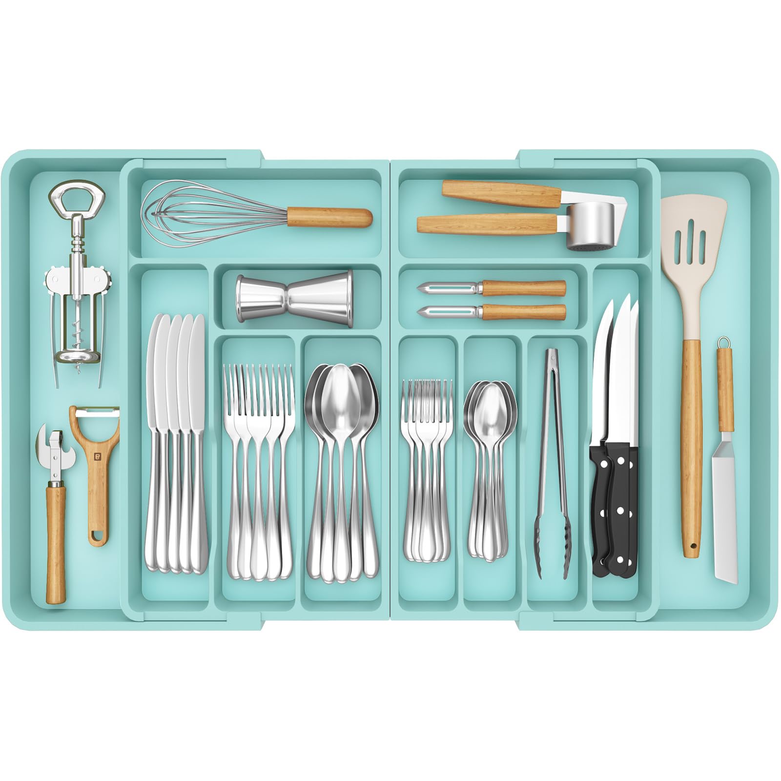 Lifewit Große Besteckkasten für Schubladen, Einstellbar Breite 54,1-91,4 cm, Tiefe 43 cm, 11-13 Fächern, Abnehmbarer Kunststoff Schubladen Organizer Küchen für Messer Gabel Löffel, Türkis
