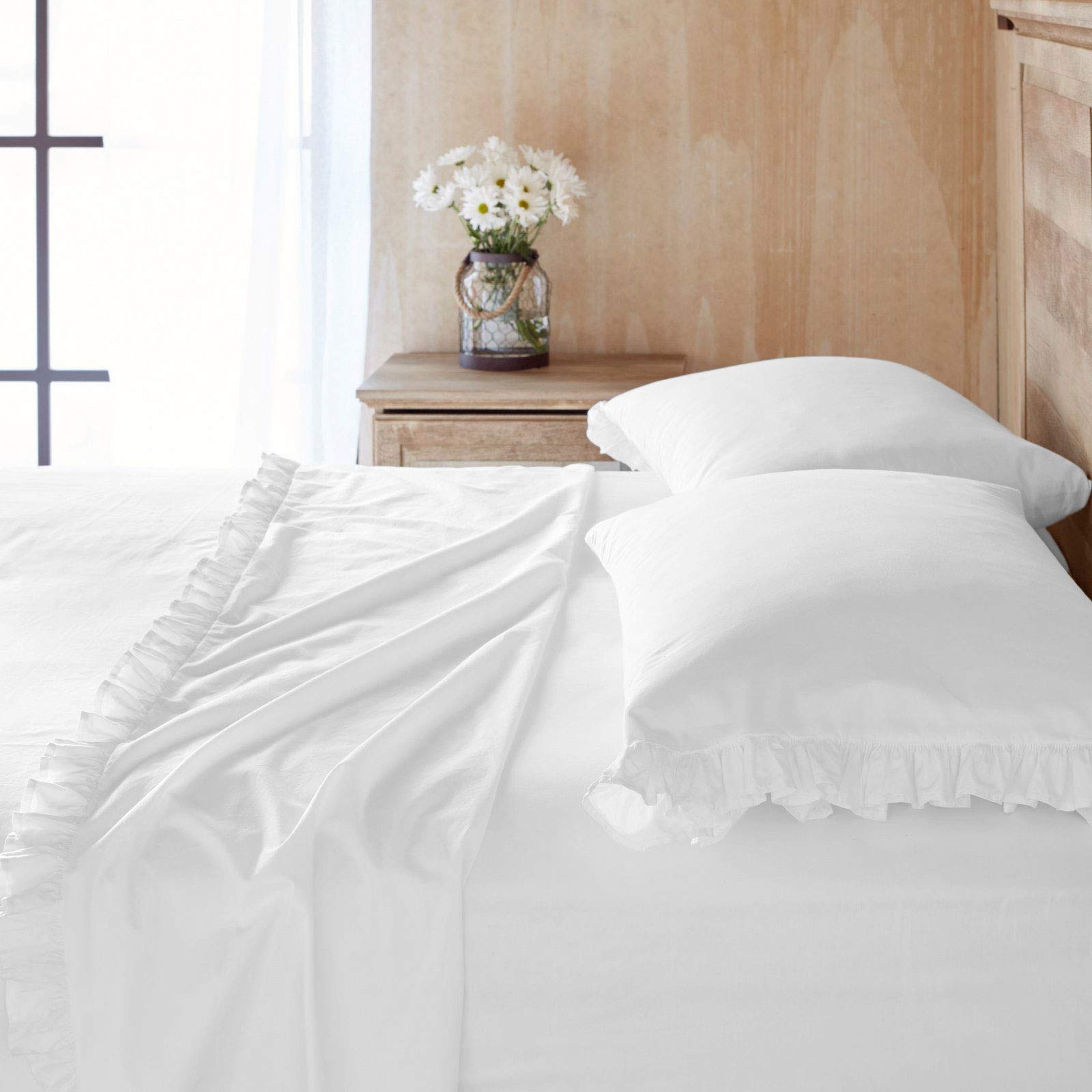 Drap plat à volants 600 fils en coton égyptien blanc grand lit de luxe