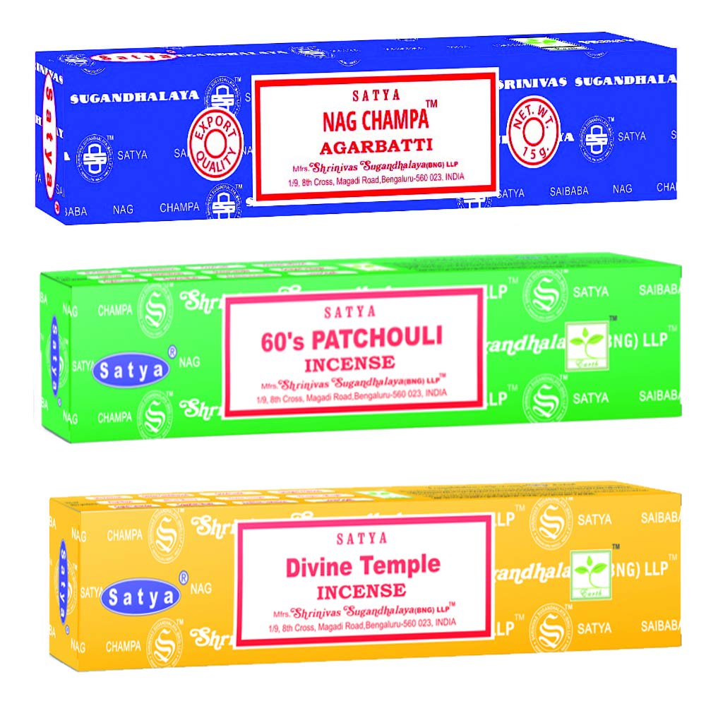SatyaHolistic Mix Incense Sticks 3-Pack Assortment | Slow-Burning, Long-Lasting Nag Champa, 60's Patchouli & Divine Temple (15g Each)