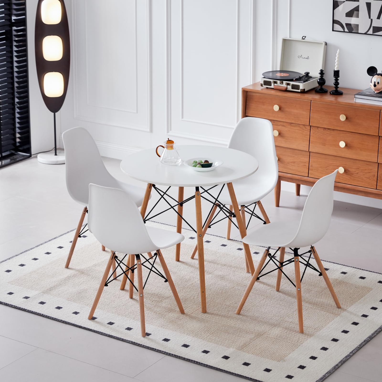 5-Piece Round Dining Table Set, Small 31.5" Kitchen Table Chairs Set of 4 Space Saving Furniture, Plastic Seats, Solid Wood Legs, for Living Room Apartment Office Home, White
