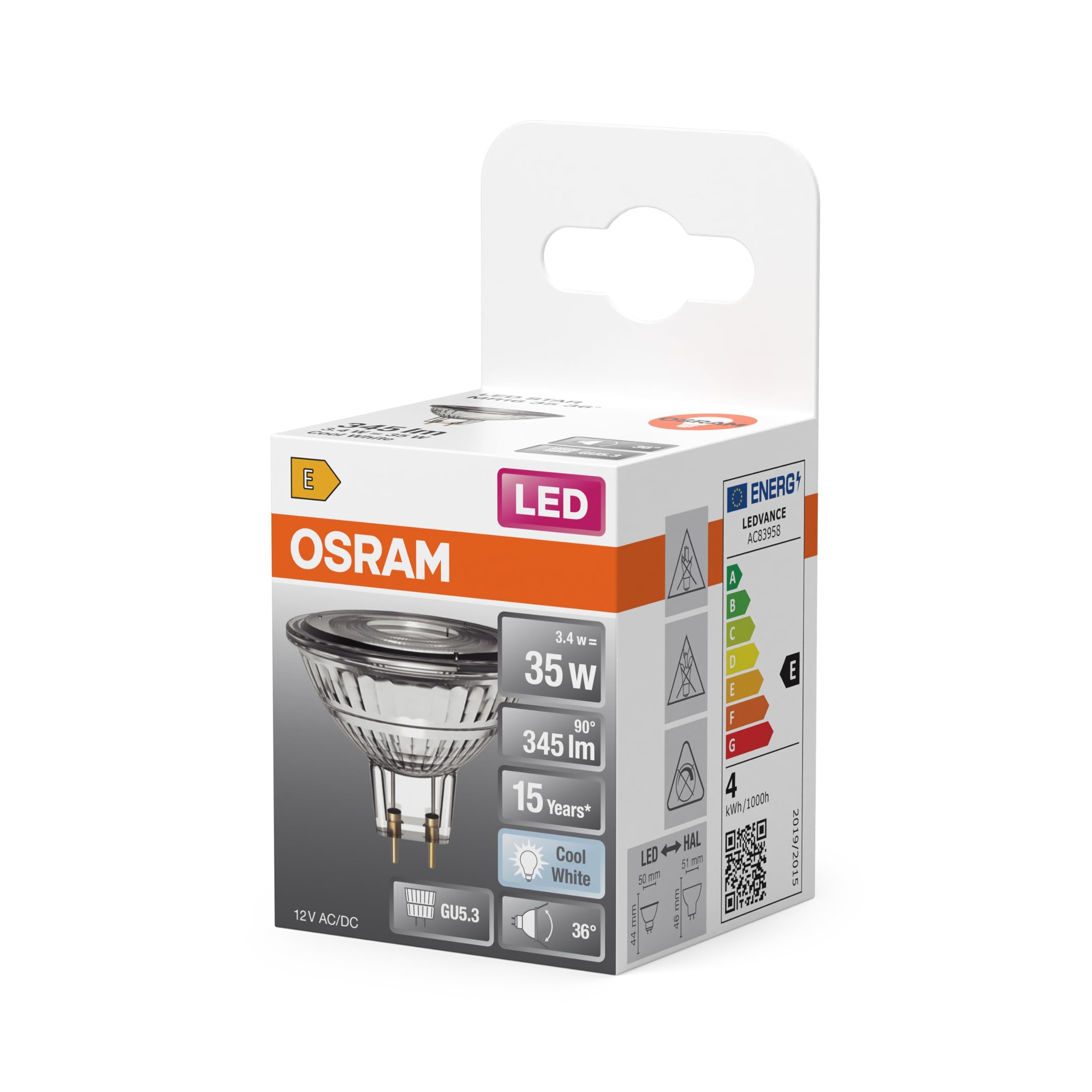 OSRAM Reflector LED Star MR16 35, 4000 K blanco neutro, 3,4 W, GU5.3, 36°, 345 lm, 15.000 h, bajo voltaje, para focos, vitrinas,6-Pack