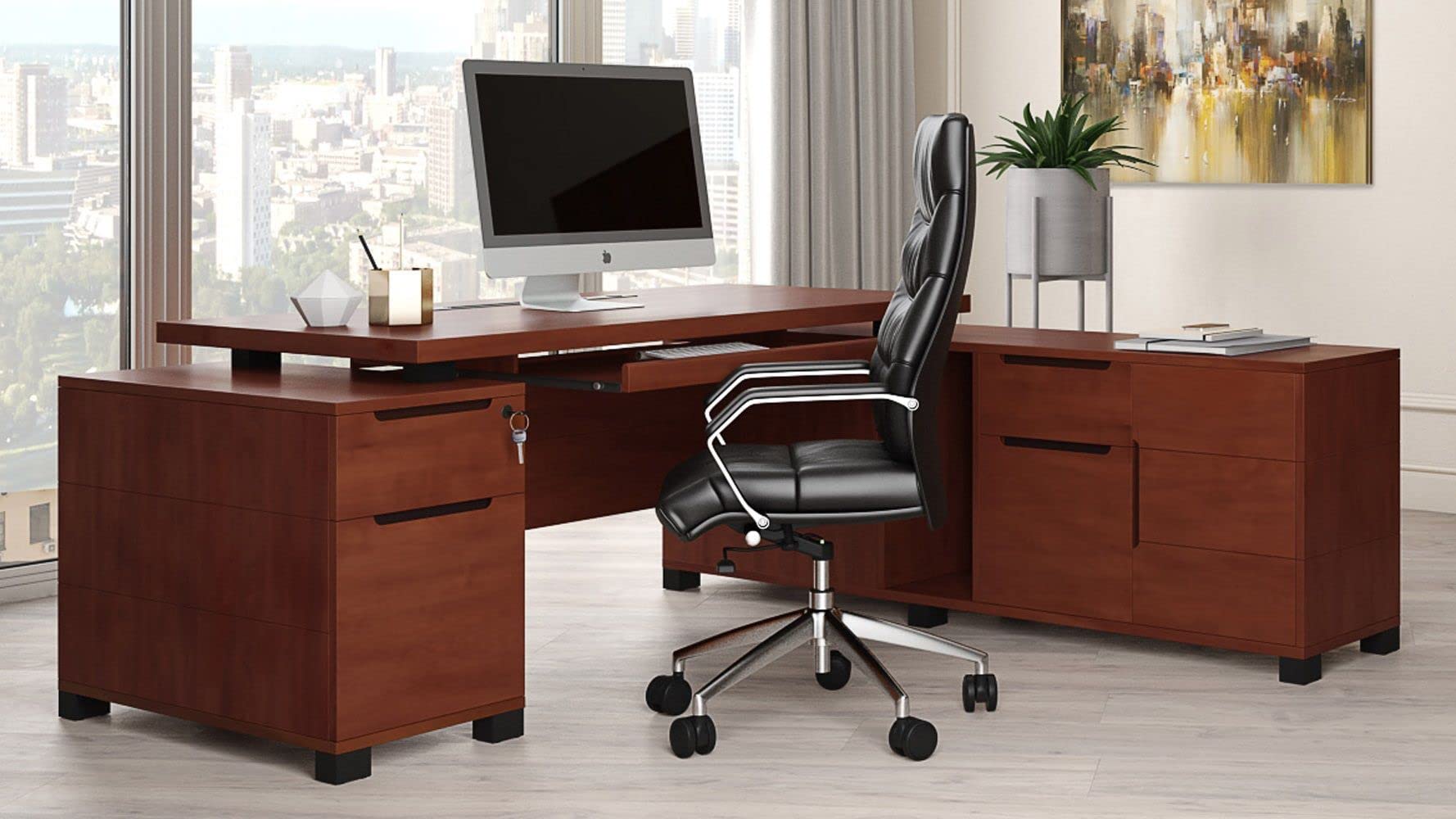 ZURI Furniture Modern 79" Ford Executive Desk with Right Return and Filing Cabinets - Light Wood