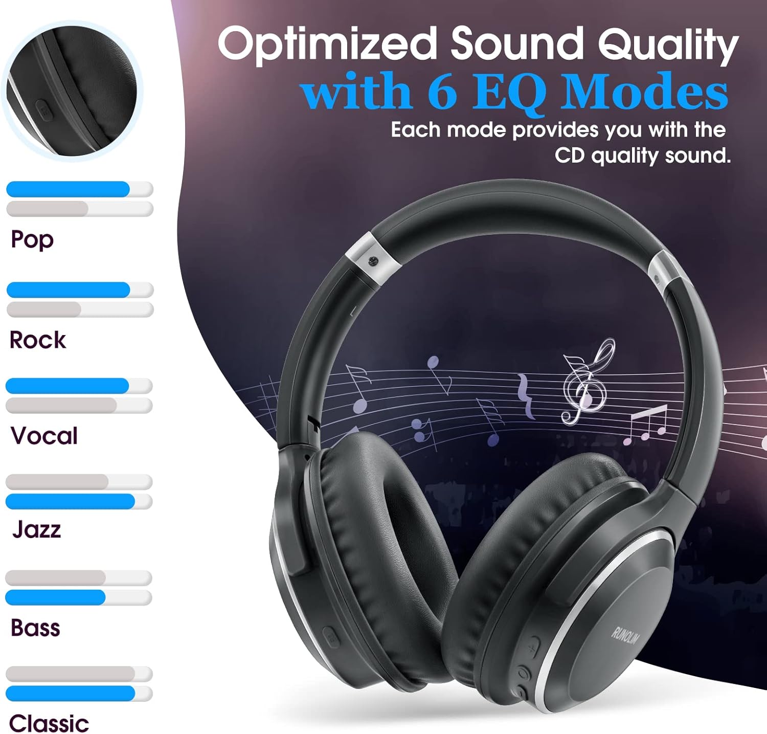 RUNOLIM headphones with 6 EQ modes