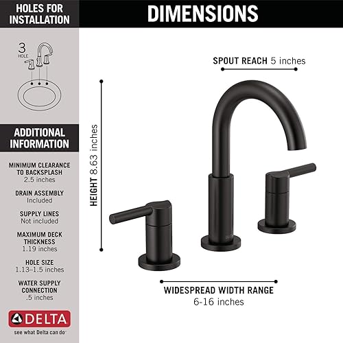 Miniatura 7 de Delta Faucet Nicoli - Grifo de baño de 3 agujeros, negro mate, 35749LF-BL