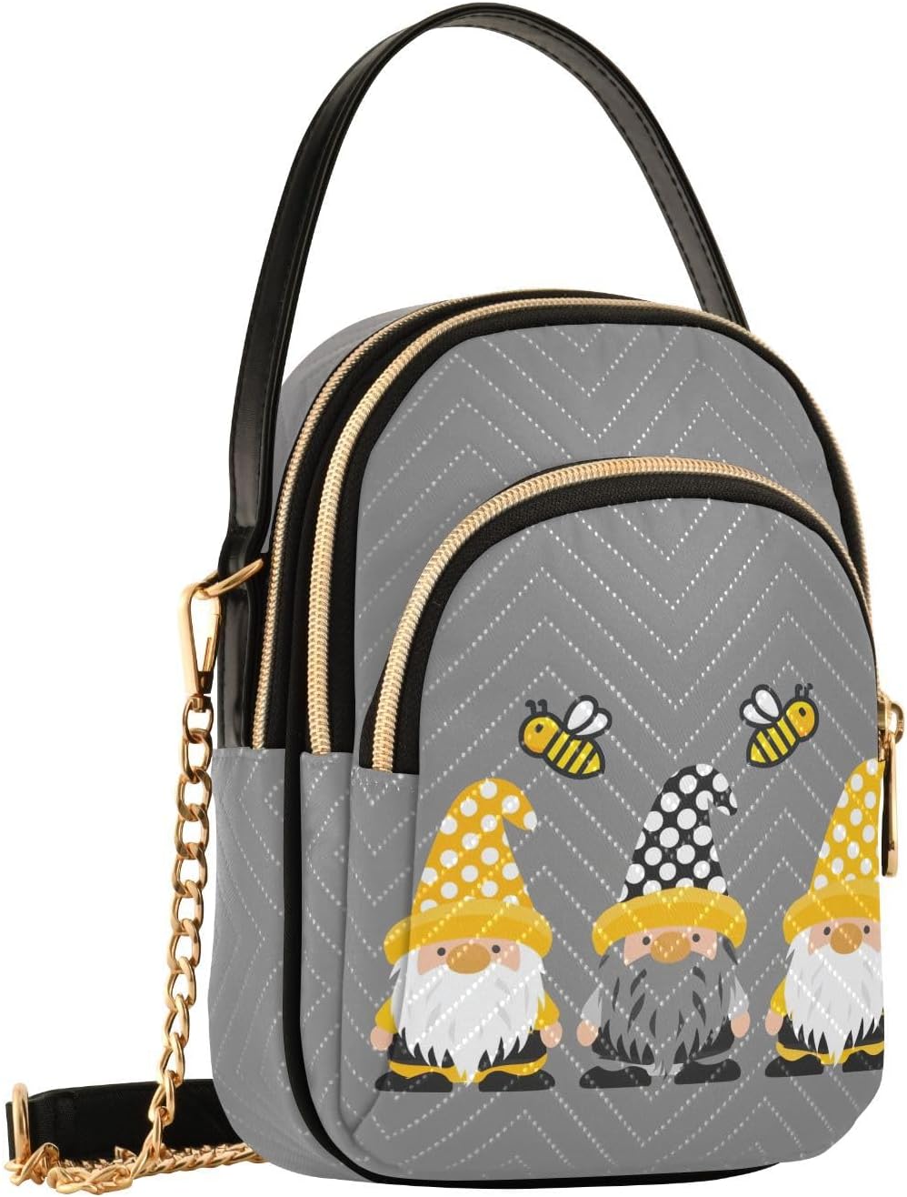 Small Cross body Bags for Women Gnome Bees Quilted Crossbody Cell Phone Shoulder Purse Handbags Wallet Detachable Chain Bag