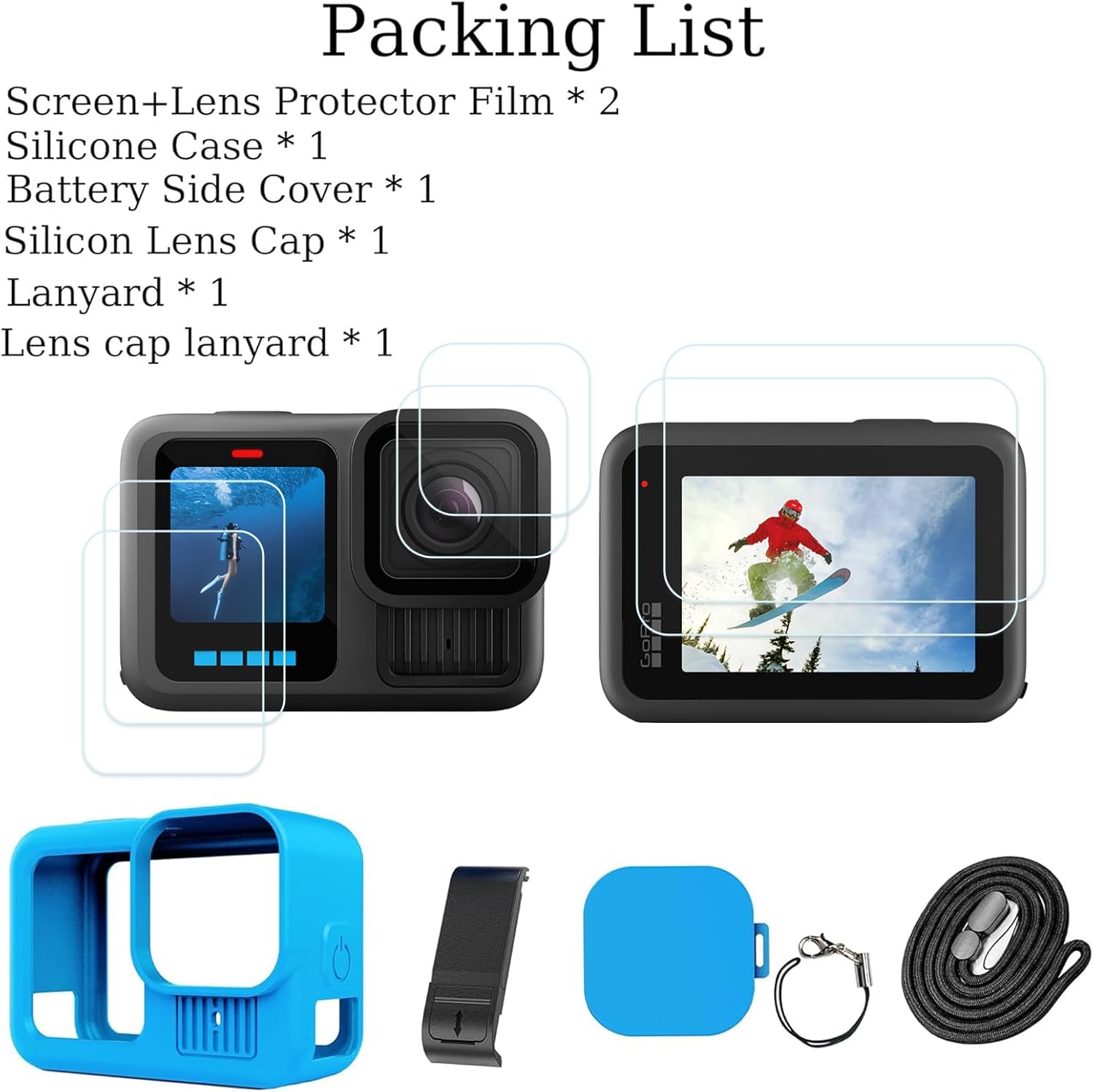 Silicone Sleeve Case for Go Pro Hero 13 Black, Battery Side Cover & Screen Protectors & Lens Caps & Lanyard for Hero 13 Black Accessories Kit (Blue)