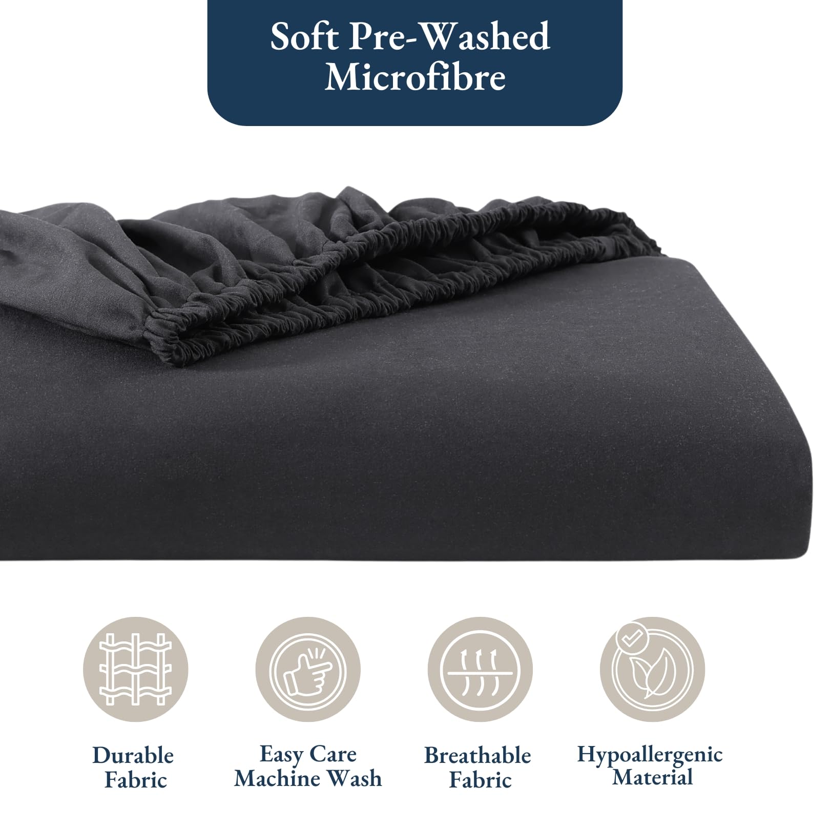 Casa Platino Fitted Sheet Emperor, Black - Pre-Washed, Deep Pocket 14 inch (35 cm) - Easy Care - Soft Brushed Polyester Microfibre Fabric - Shrinkage and Fade Resistant - Bottom Sheet - Image 3