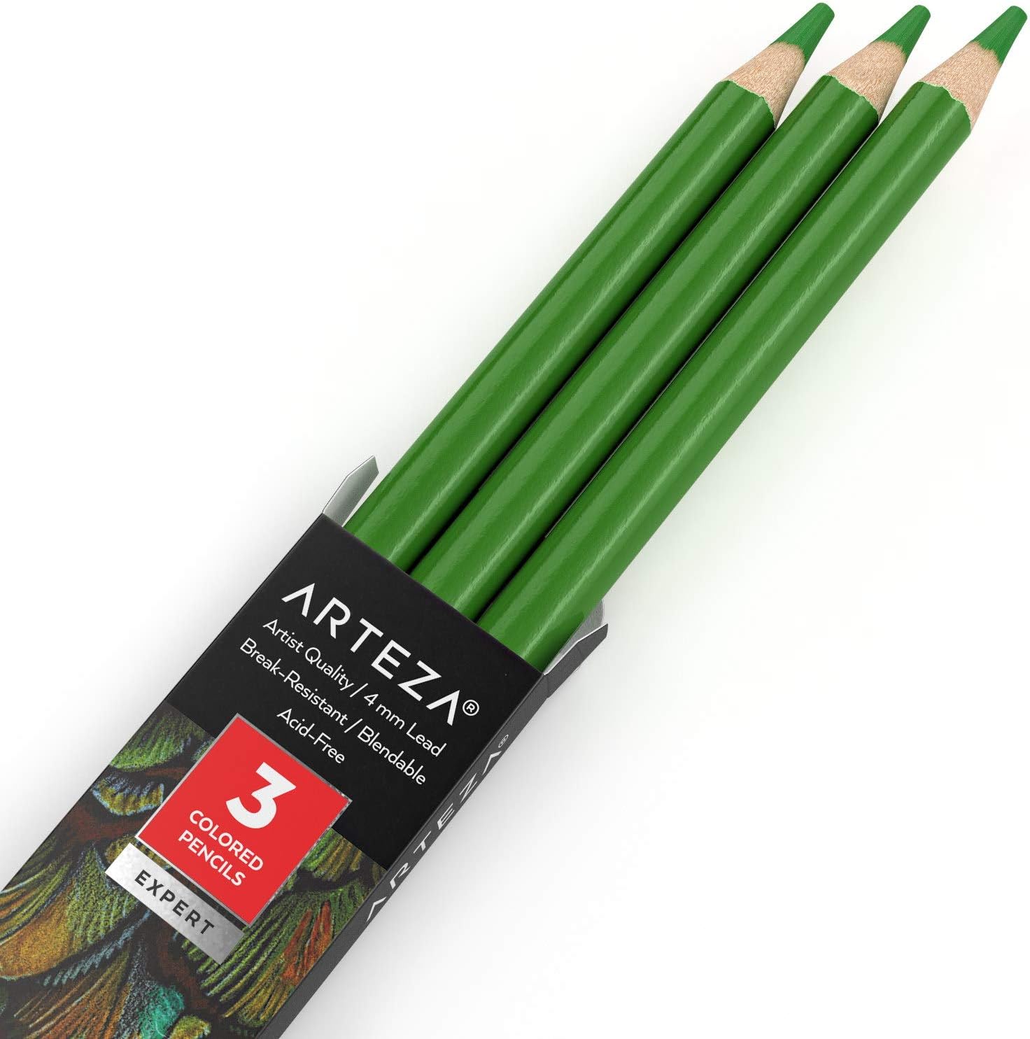 Arteza Colored Pencils, Pack of 3, A609 Matcha Green, Soft Wax-Based Cores, Ideal for Drawing, Sketching, Shading & Coloring