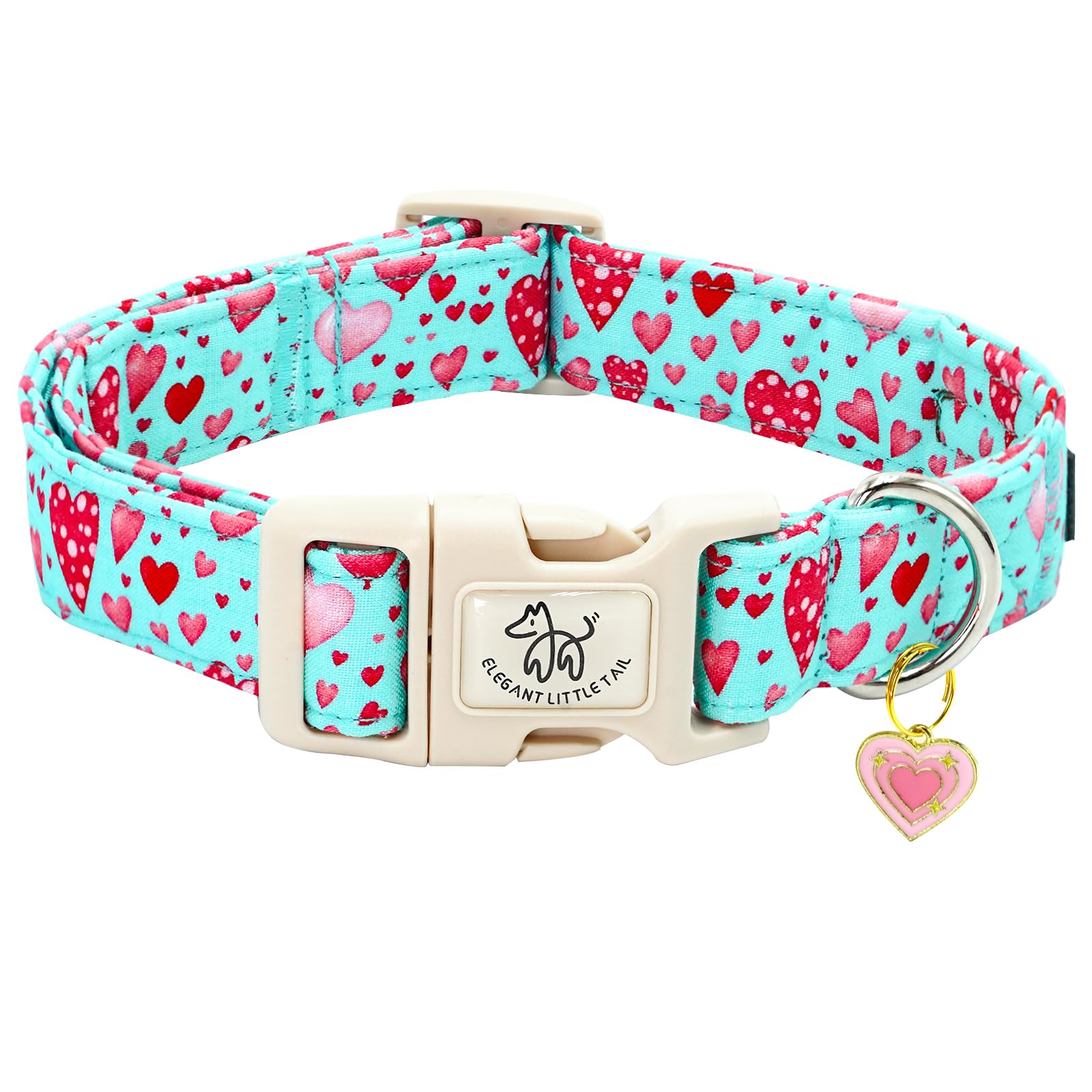 Elegant little tail Dog Collar, Pink Heart Dog Collar for Small Dogs, Female or Male Adjustable Cotton Pet Collar with Quick Release Buckle for Small