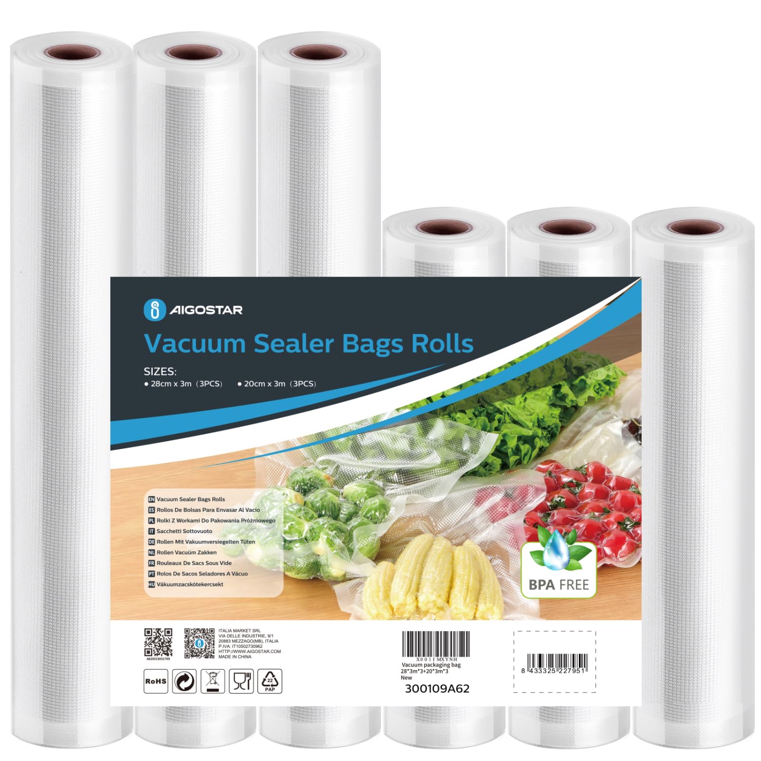 KitchenBoss Sacchetti Sottovuoto per Alimenti:Rotolo Sottovuoto Alimenti senza BPA, Sacchetto per Cottura Sottovuoto Goffrato, 4 Rotoli 20/28/500cm | Leroy Merlin