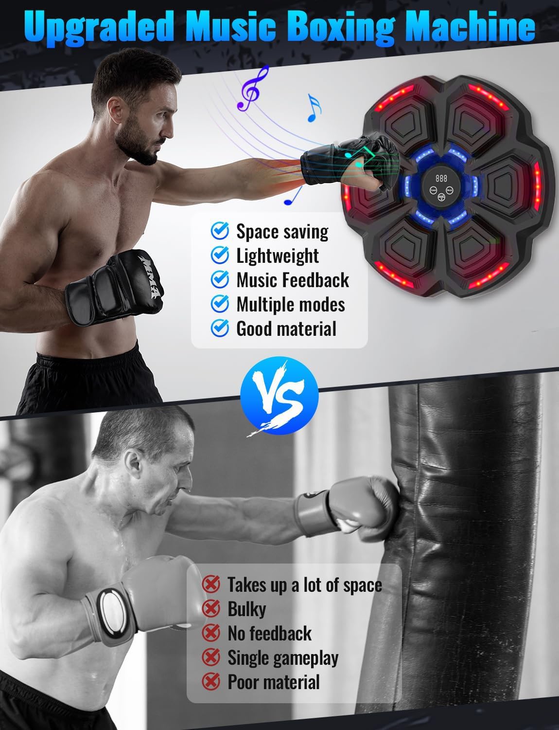 Machine De Boxe Musicale Avec Gants - 12 Niveaux De Vitesse, Compteur LED, Bluetooth, Pour Fitness à Domicile