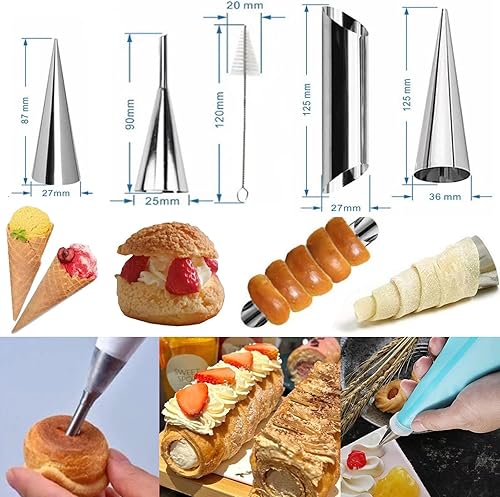 Miniatura 3 de Juego de formas de canoli de acero inoxidable, 5 formas de cannoli grandes, 5 moldes de hones grandes, 5 formas de croissant pequeño, cepillo de