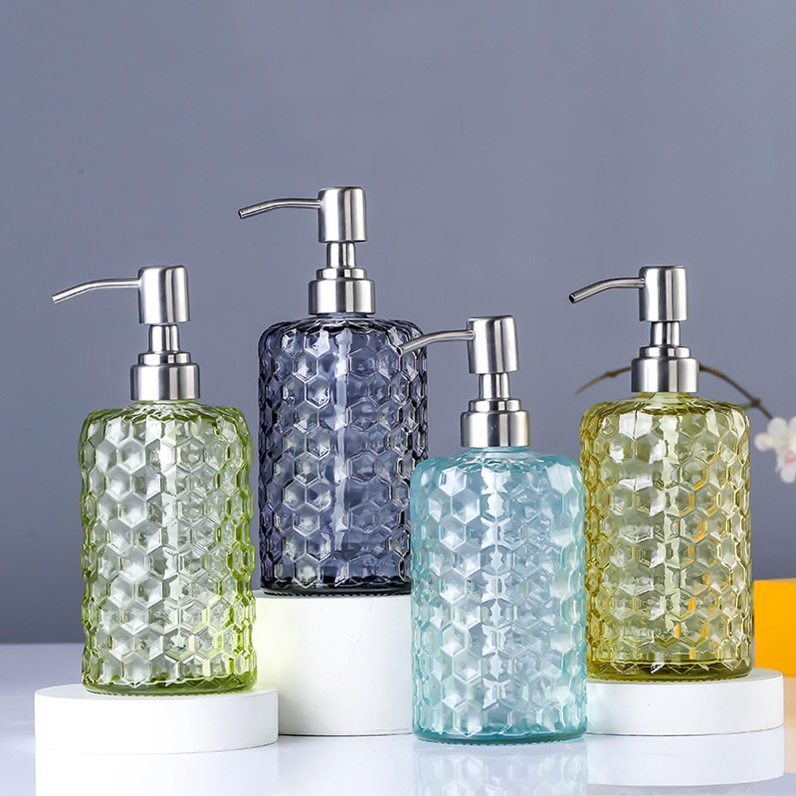 seifenspender 4er-Pack 500 ml Seifenspender aus Glas mit Edelstahlpumpe, Push-Pump-Flasche, nachfüllbar, Flüssigkeitsspender Compatible with Badezimmer und Küche klein(Bleu,Gold)