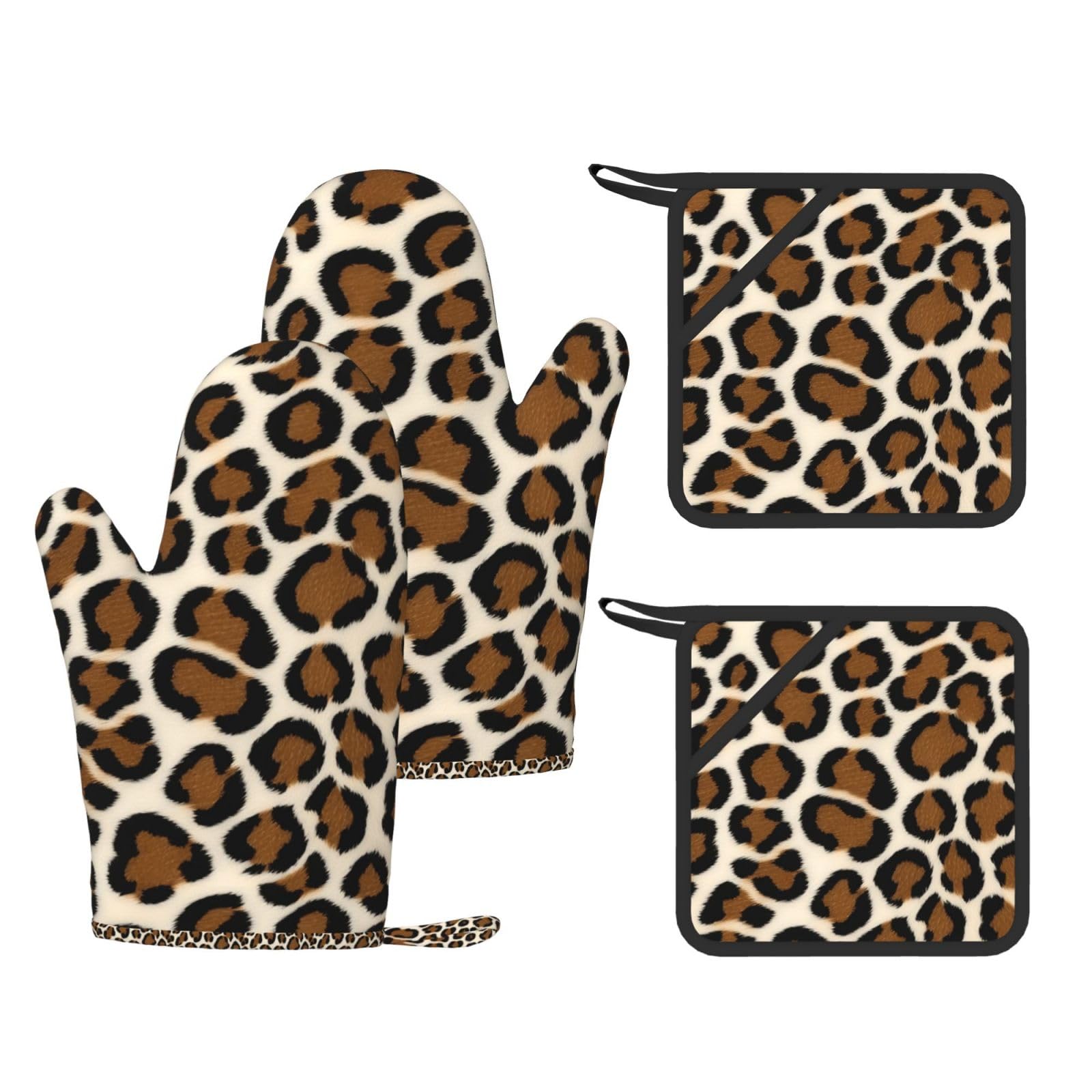 Leopard Print Kitchen Heat Resistant Set,Cooking Kit With Hanging Loop For Baking & Bbq
