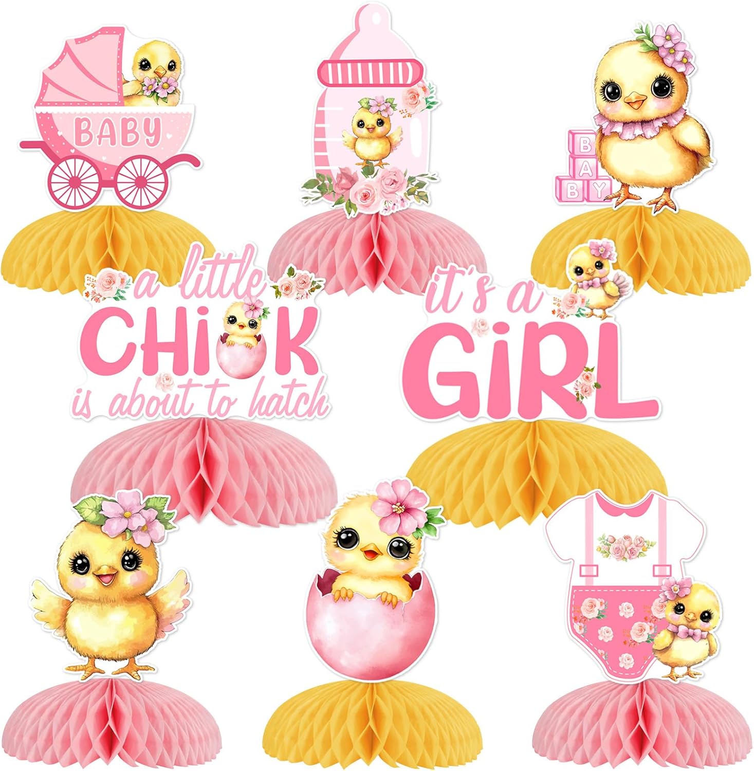 Cheereveal 8Pcs Chicken Themed Baby Shower Honeycomb Centerpiece, A Little Chick Is About To Hatch Table Decorations, Barnyard Farm Animal Theme Baby Shower Birthday Party Supplies for Girls