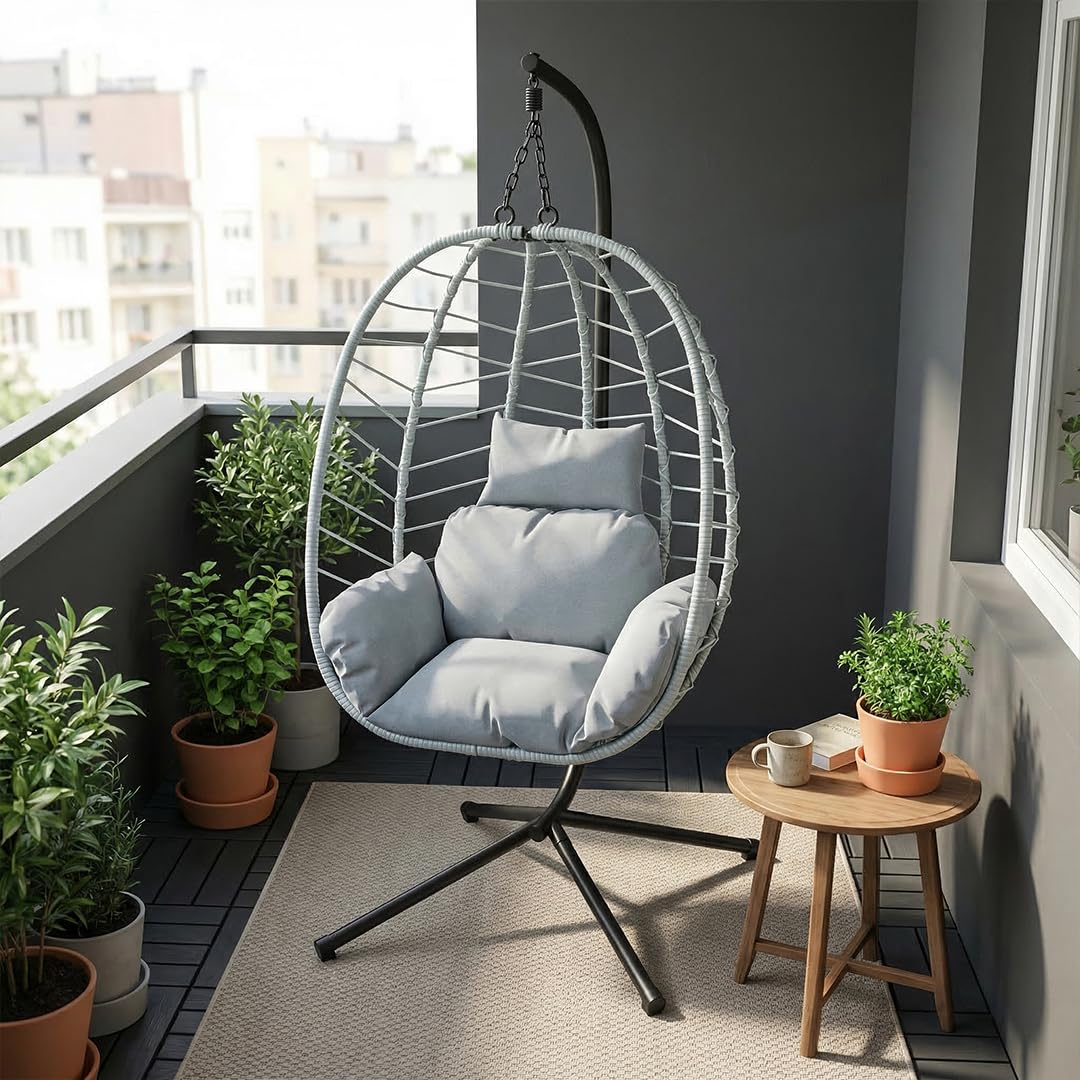 STEELSØN Alarian Hängesessel mit Gestell – Hängestuhl Rattan Outdoor & Indoor mit Kissen – Hängekorb Grau höhenverstellbar – Gartenschaukel für Erwachsene & Kinder – Hanging Chair faltbar bis 150kg
