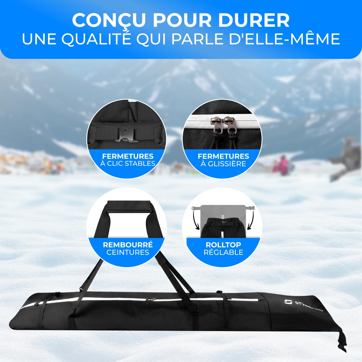 STYNGARD Double Sac de Ski pour 2 Paires de Skis 200 cm - Sac à Skis Robuste avec Rembourrage imperméable Modèle Kitzbühel