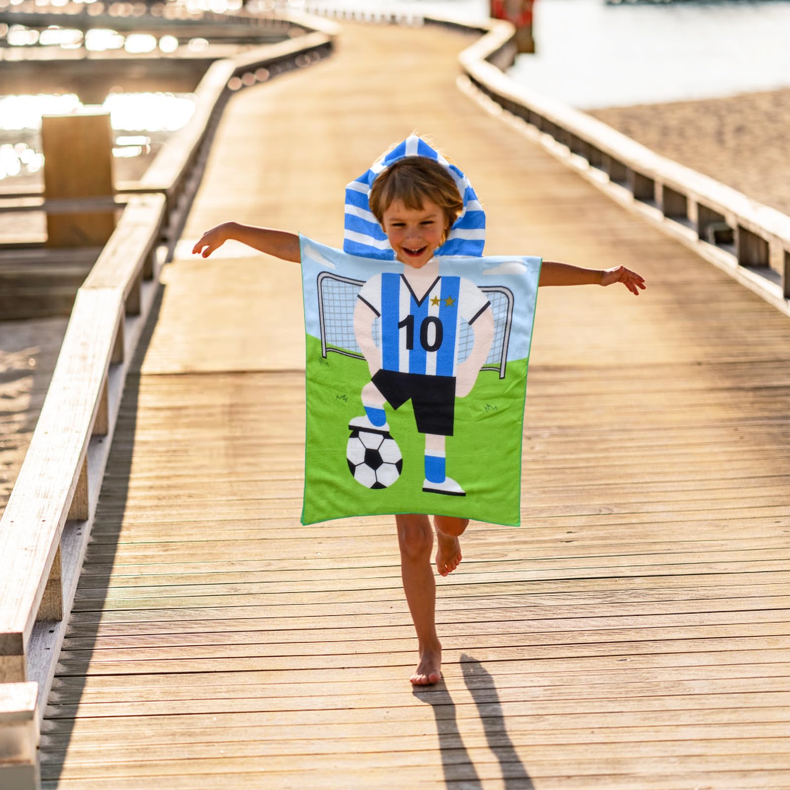 Accappatoio Poncho Per Bambini - Asciugamano Per Piscina E Spiaggia - Con Cappuccio E Motivo Calcio - Foto 9