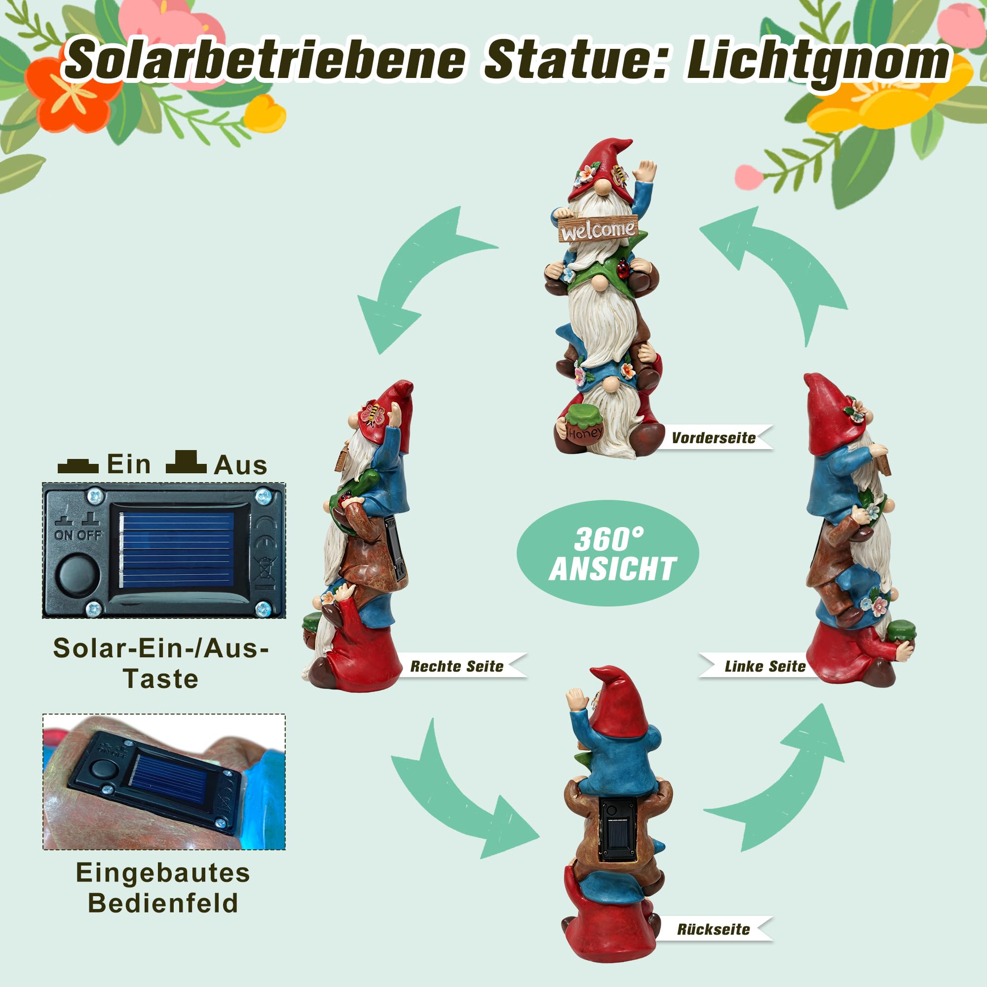 lifemet Nano da giardino a energia solare in resina resistente, statuette da giardino per esterni, resistenti alle intemperie, nani da giardino, patio, prato e portico, decorazioni per esterni, regalo
