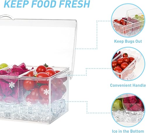 Miniatura 4 de Funyakit Bandeja extra grande para servir aperitivos en hielo con pinzas y tenedores de acero inoxidable, plato frío con tapa, 4 compartimentos para