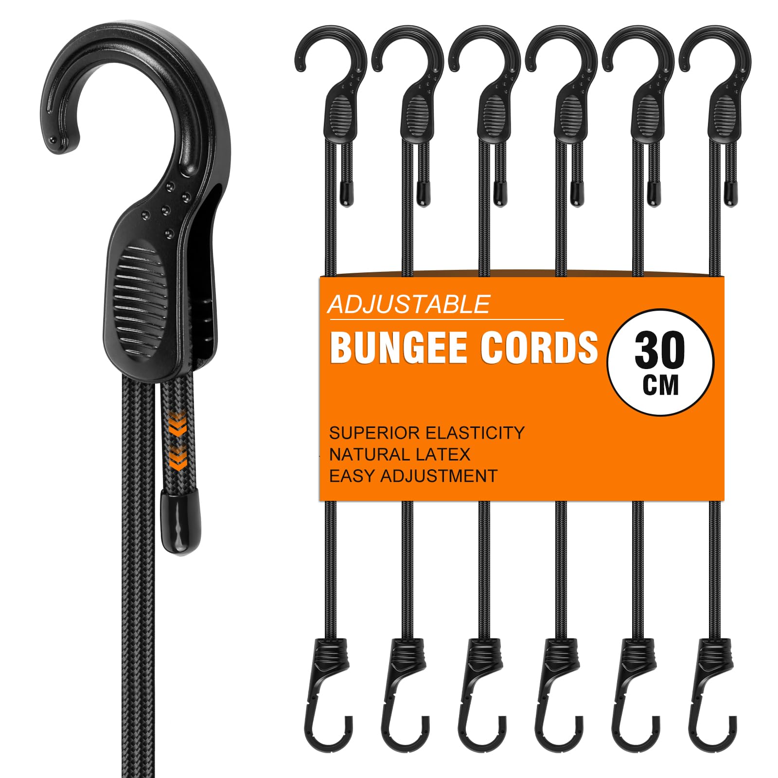 Adjustable Bungee Cords With Hooks 30 CM, Easily Adjust from 18 to 30 CM