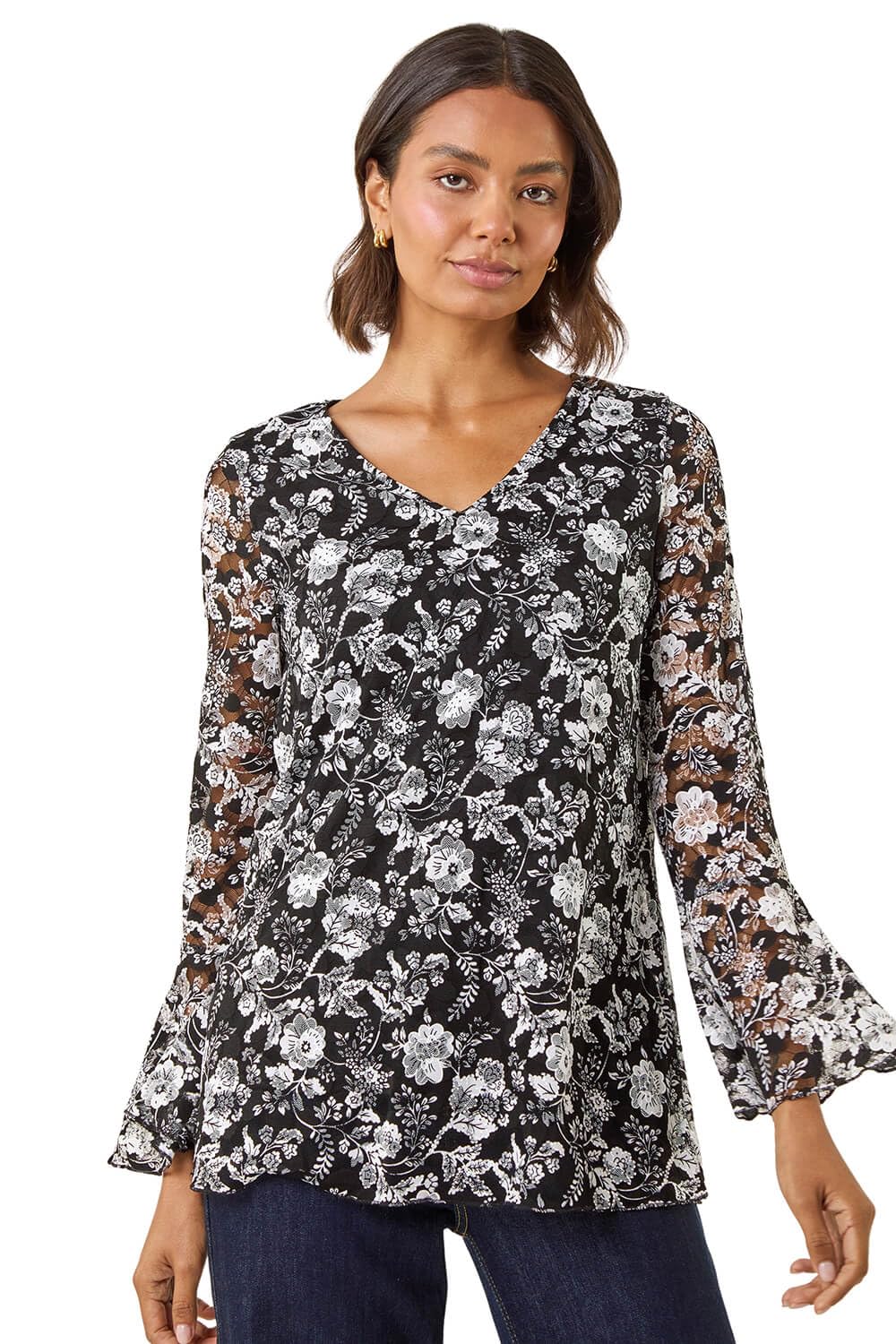 Roman Women's Black Floral Print V-Neck Top In | : Size 10