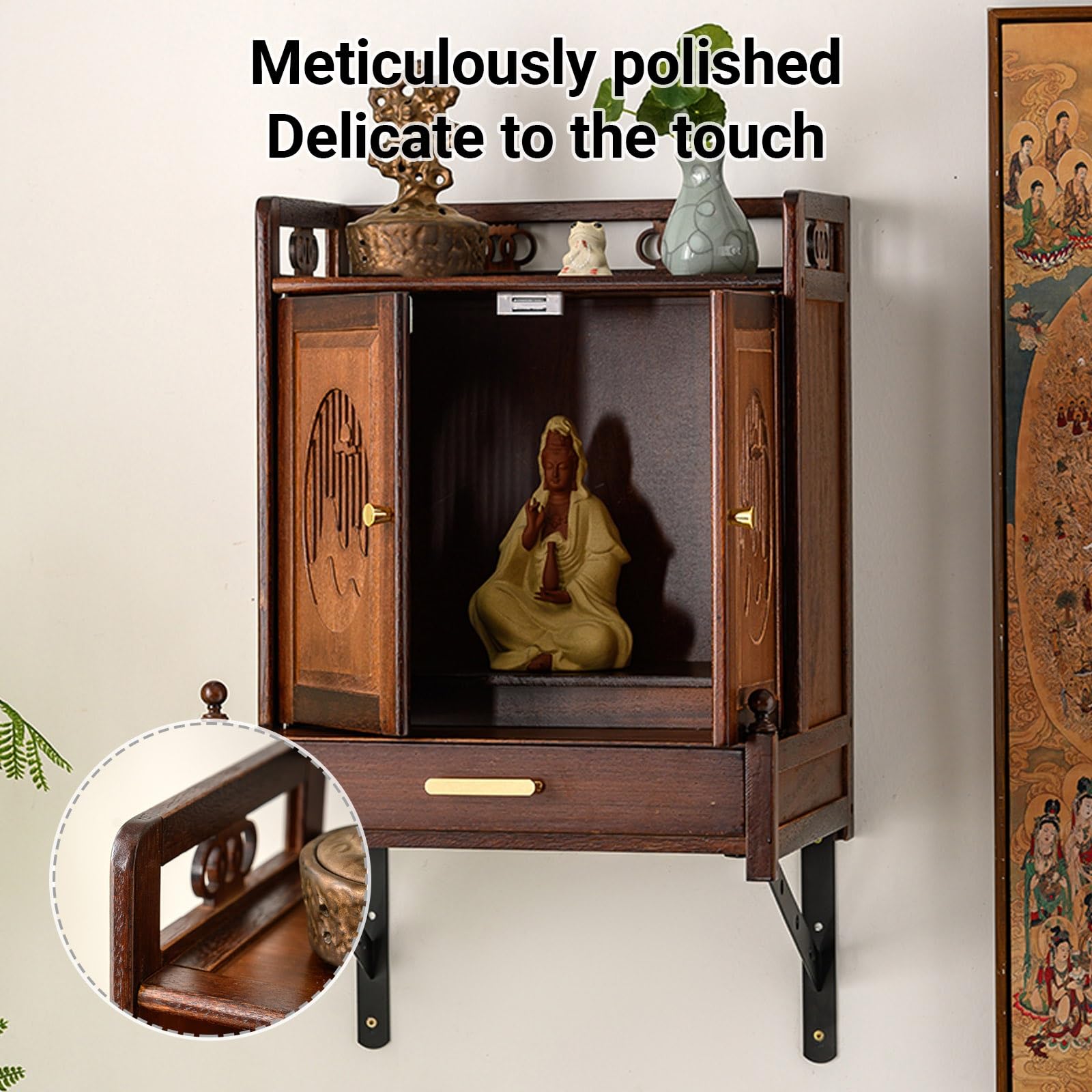 Genérico Nuevo Santuario Budista Chino de Madera Maciza para Montaje en Pared, Soporte para Estatua de Buda de Escritorio/Pared con Puerta, Mesa de Altar para Estatua de Buda (de Escritorio